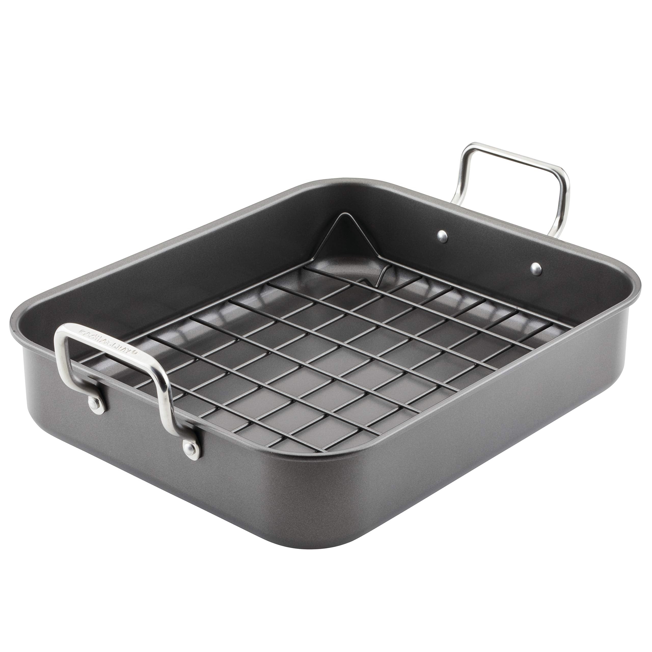 Rachael Ray Bakeware Nonstick Roaster/Roasting Pan With Reversible Rack, 16.5 Inch X 13.5 Inch, Gray