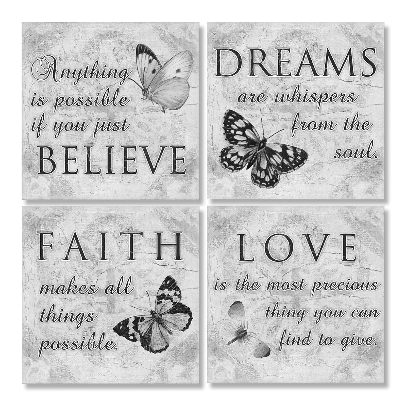 Inspirational Butterfly Wall Art - 4 Panels Grey Canvas Print - Faith Love Dreams Believe Calligraphy Canvas Wall Decor - Motivational Posters for Home Office Decor (B01  12x12inch)