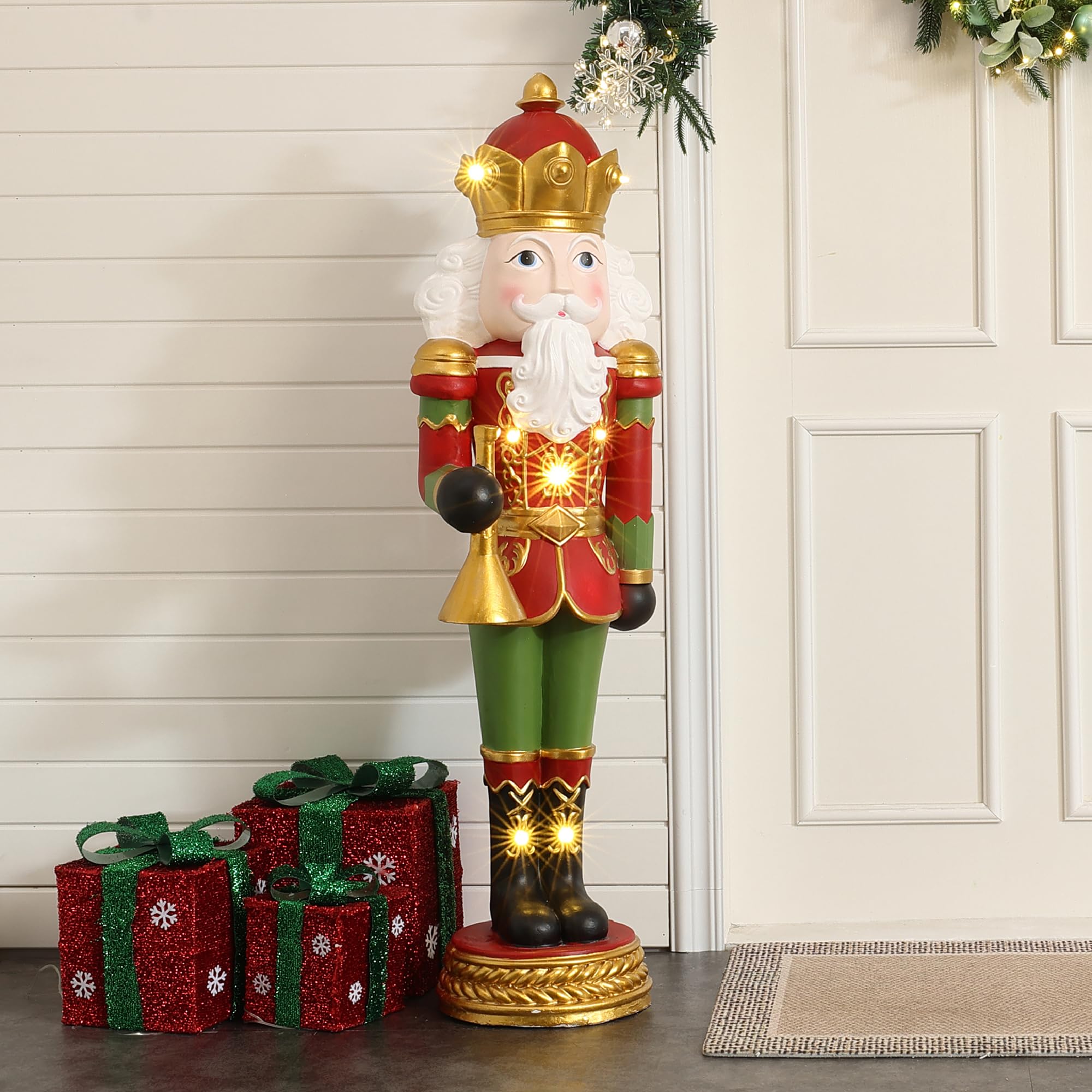 LuxenHome 4FT Tall Nutcracker Christmas Decoration, Colorful Lighted Holiday Nutcracker Soldier Statue with Trumpet, Christmas D