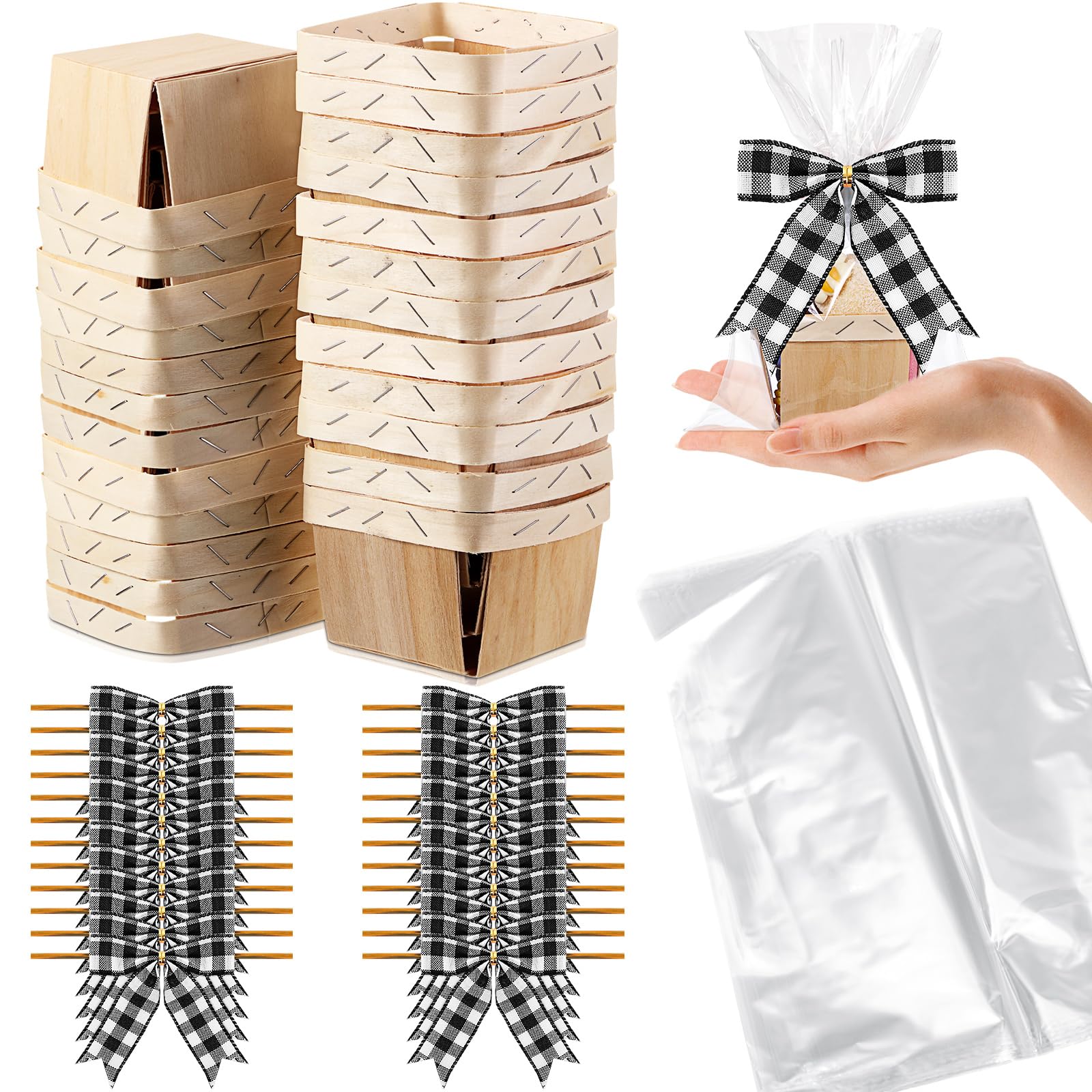 Kigley 24 Set Wooden Gift Baskets Empty Small Gift Basket with Cellophane Bags Bows Basket Kit for Christmas DIY Picking Fruit B
