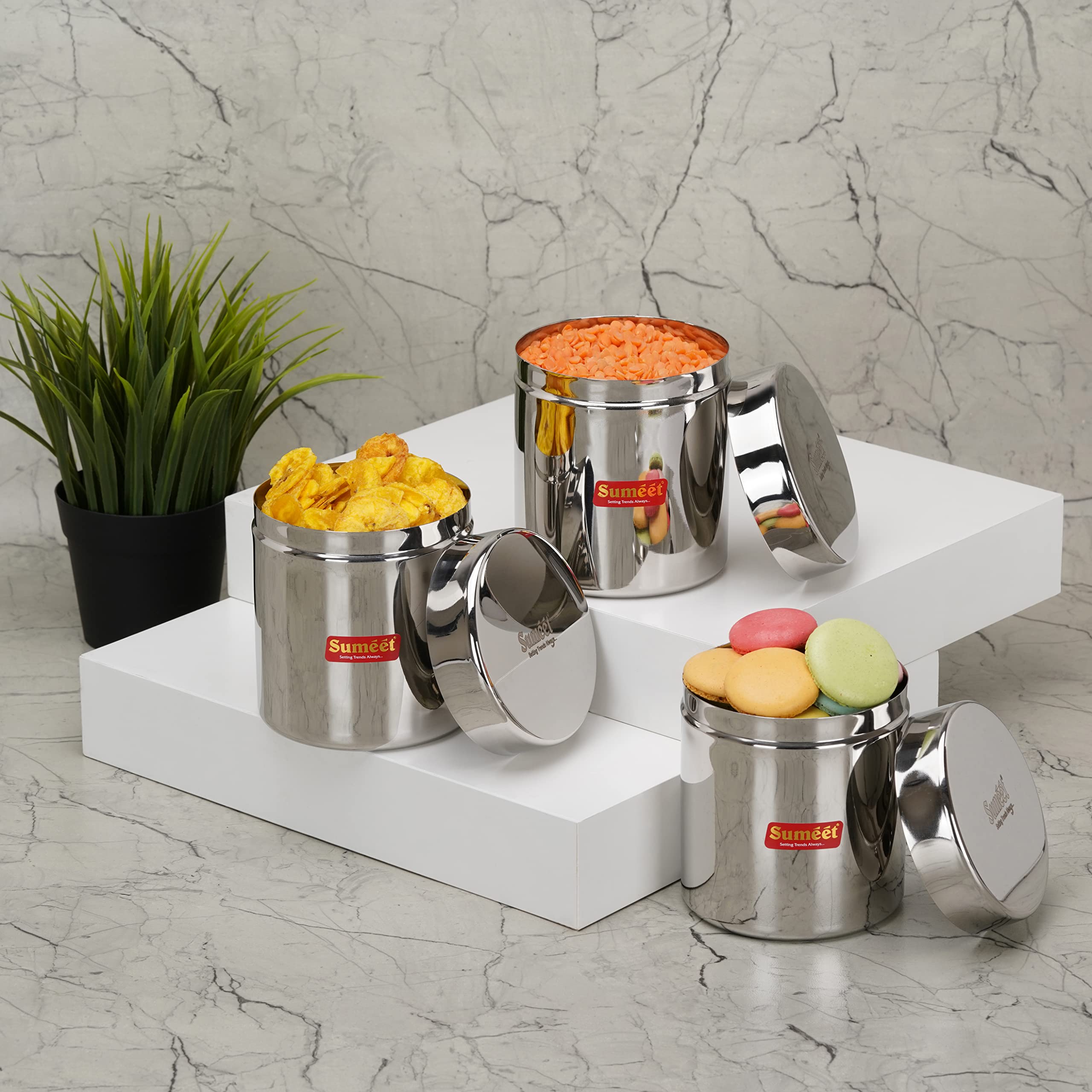 Sumeet Stainless Steel Small Canisters/Jars/Ubha Dabba/Storage Containers Set Of 3Pcs, 350 Ml Capacity Each, 7.5Cm Dia, Silver