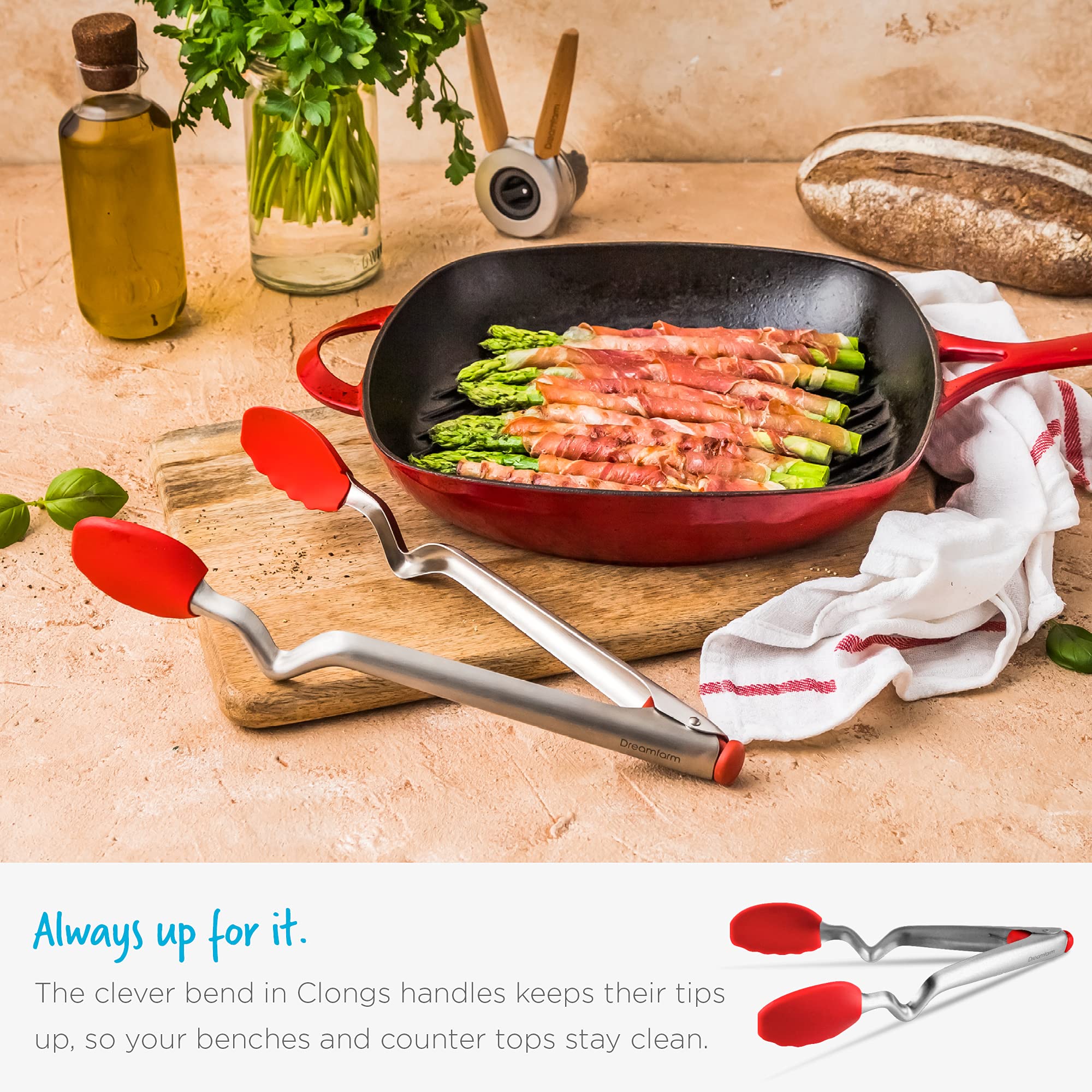 Dreamfarm Clongs | Non-Scratch, Stainless-Steel Tongs With Silicone Heads | Black, 12 Inches