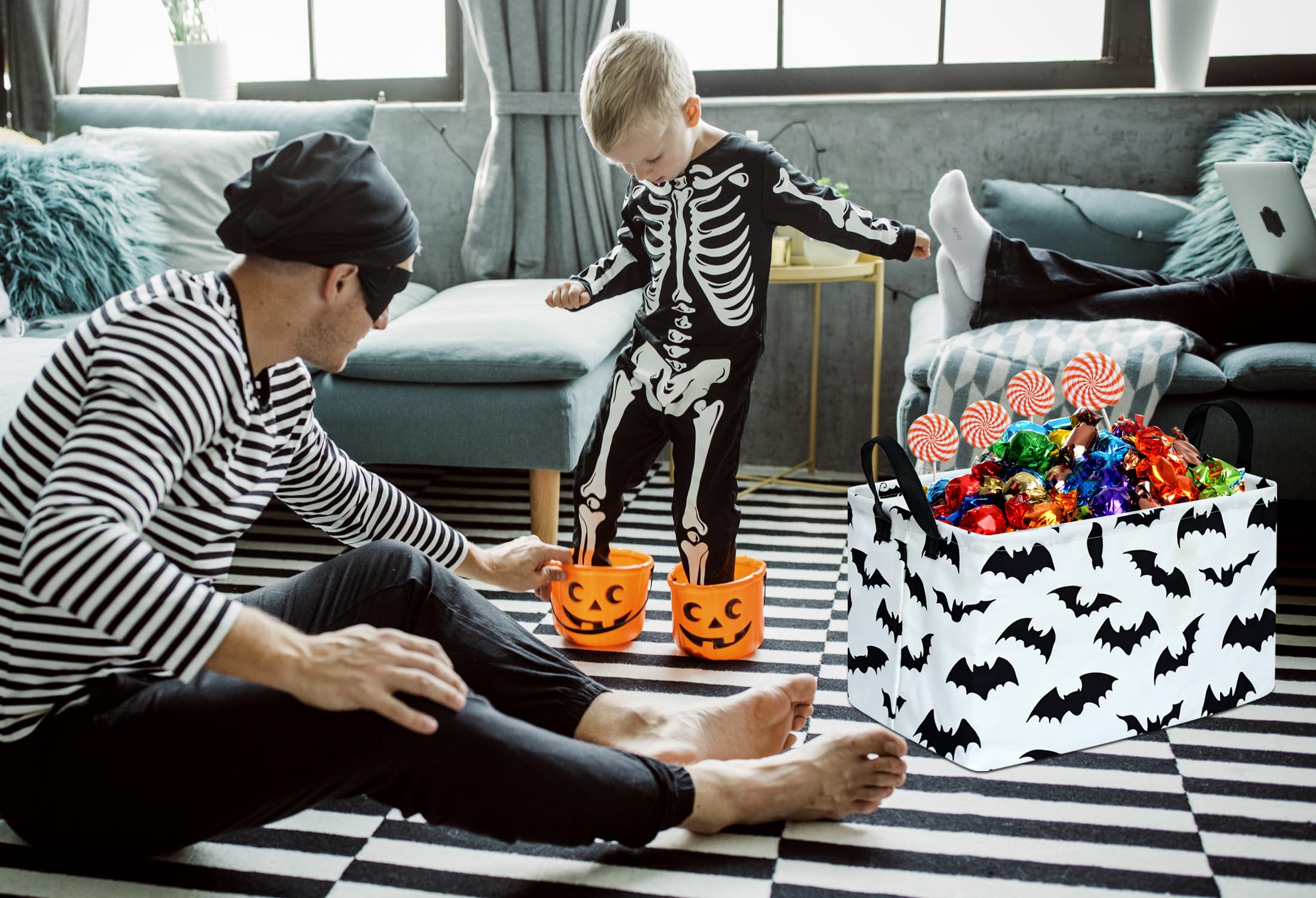 KUNRO Bat Pattern Halloween Storage Gift Basket Canvas Storage Bins with Handles Rectangle Storage Cubes Organizer for Bedroom L