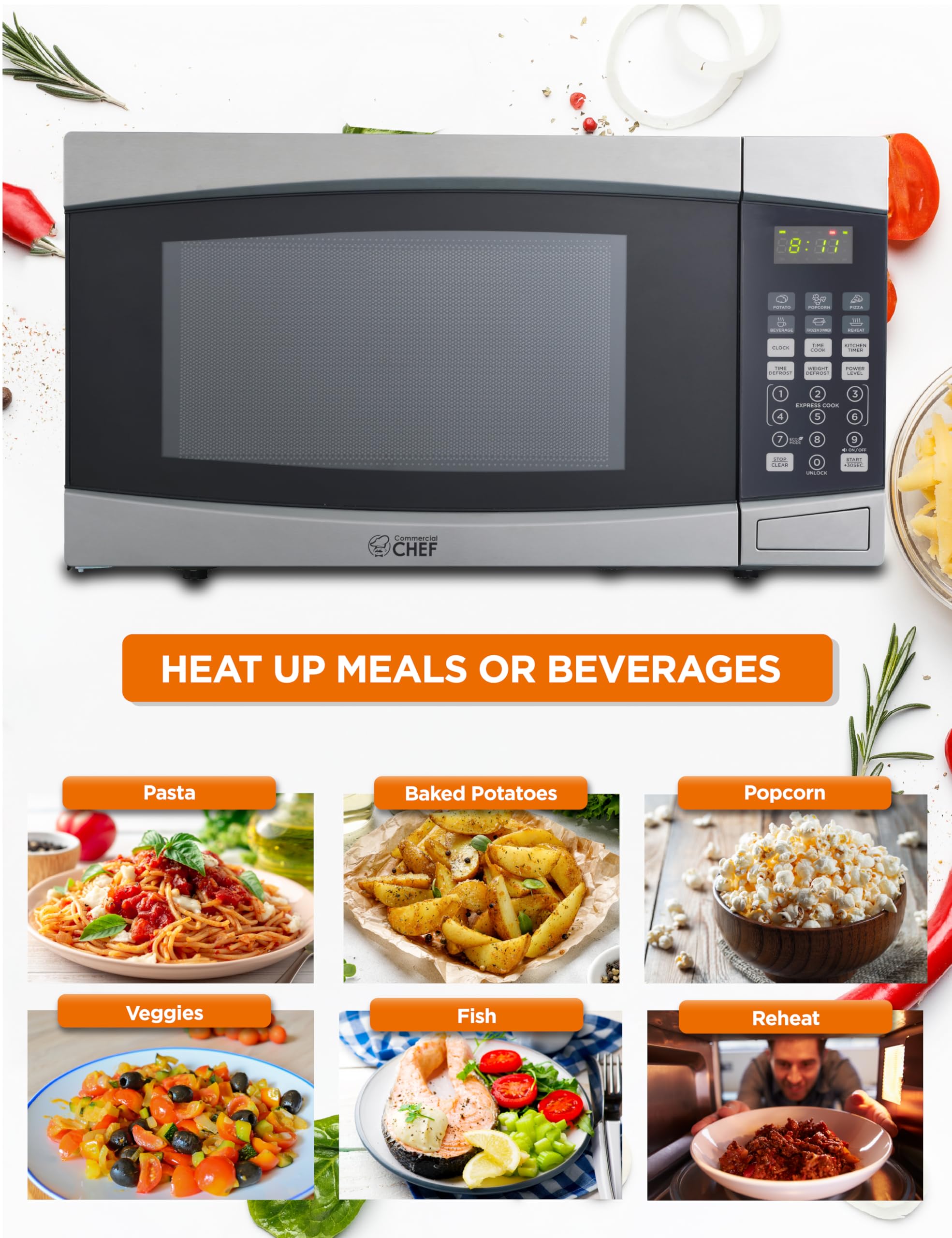 Commercial Chef Chm16100S6C Countertop Microwave Oven,1000 Watts, Small Compact Size, 10 Power Levels, 6 Easy One Touch Presets