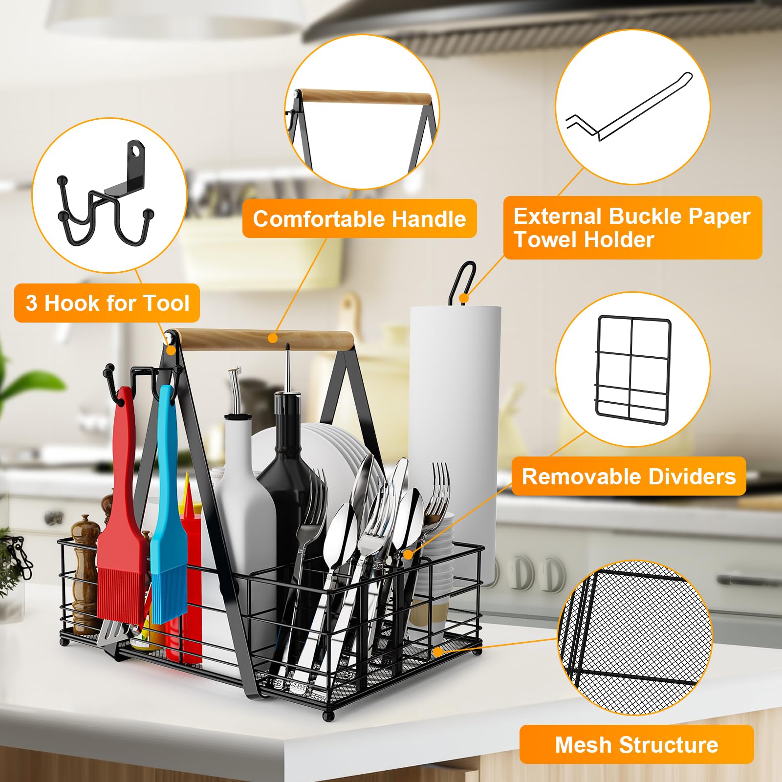 Jbbtool Grill Caddy With Paper Towel Holder, Bbq Camping Caddy For Plates And Utensils, Picnic Condiment Storage Caddy, Rv Patio