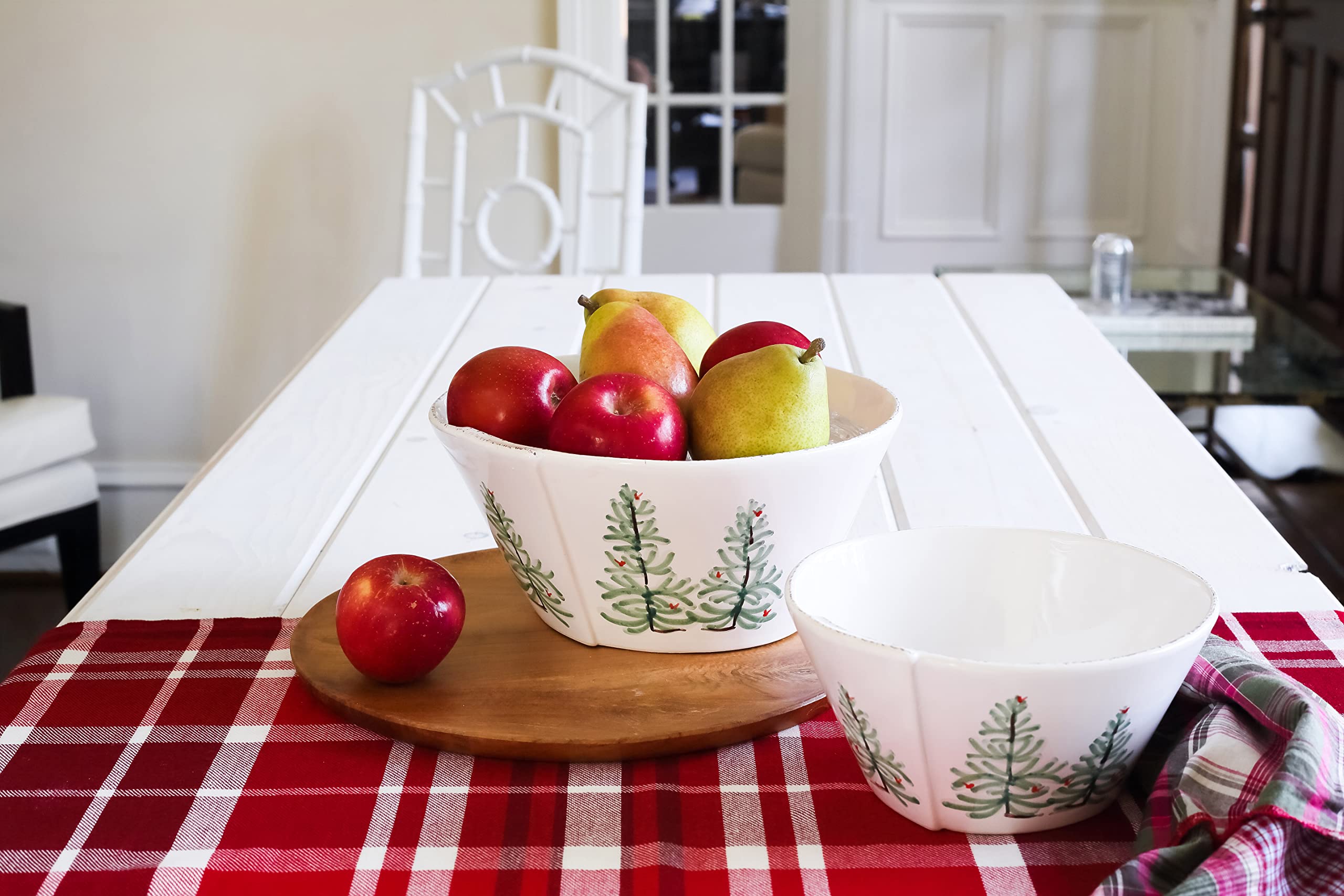 Vietri Lastra Holiday White & Green Large Stacking Serving Bowl, 10.5'' D Italian Artisan Stoneware Dinner Serveware Dish