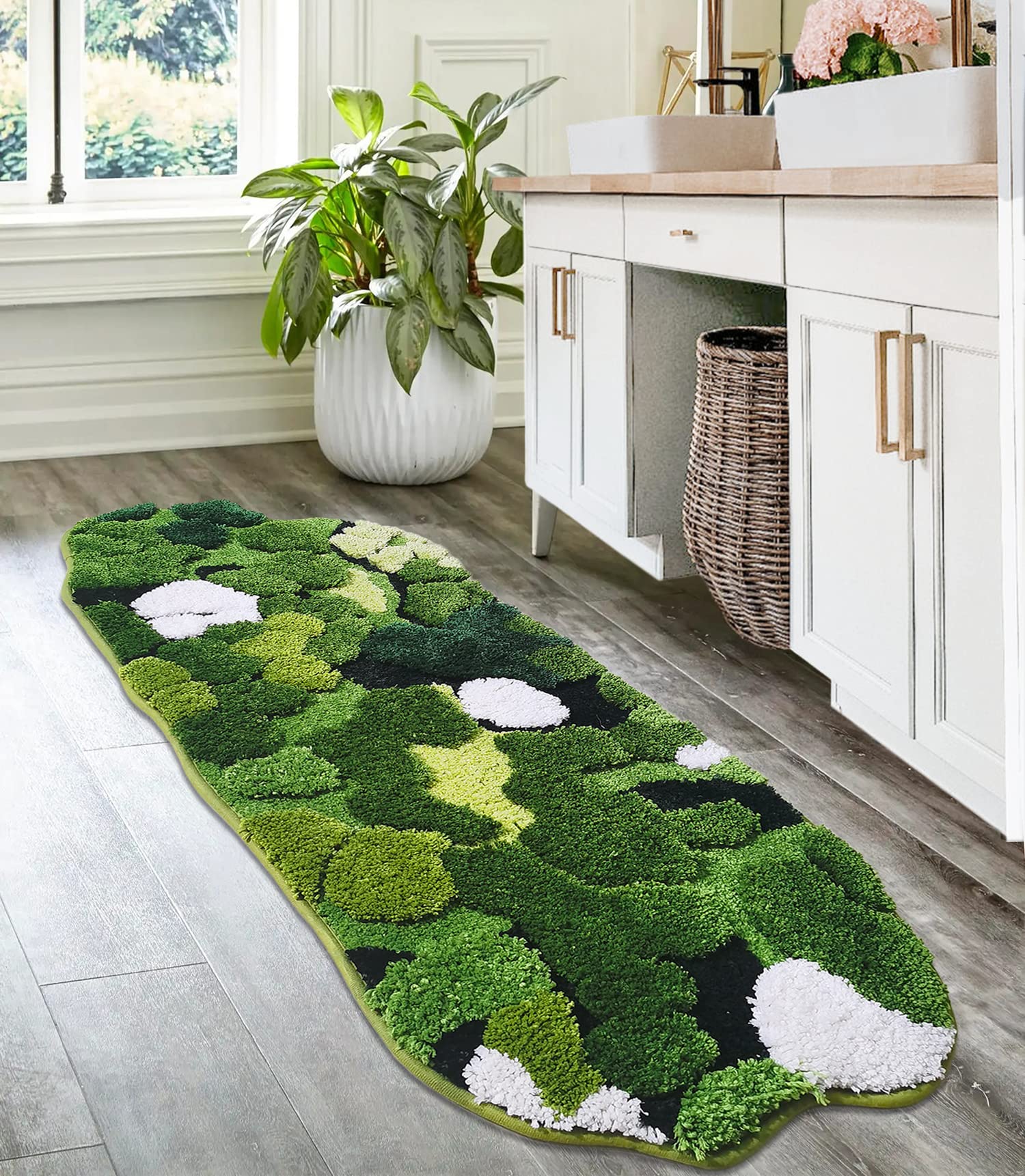 Hifuwan Cute Green Moss Bathroom Runner Rug Long Rectangular Boho Aesthetic Leaf Leaves Bath Mat Shaggy Non Slip Absorbent Showe