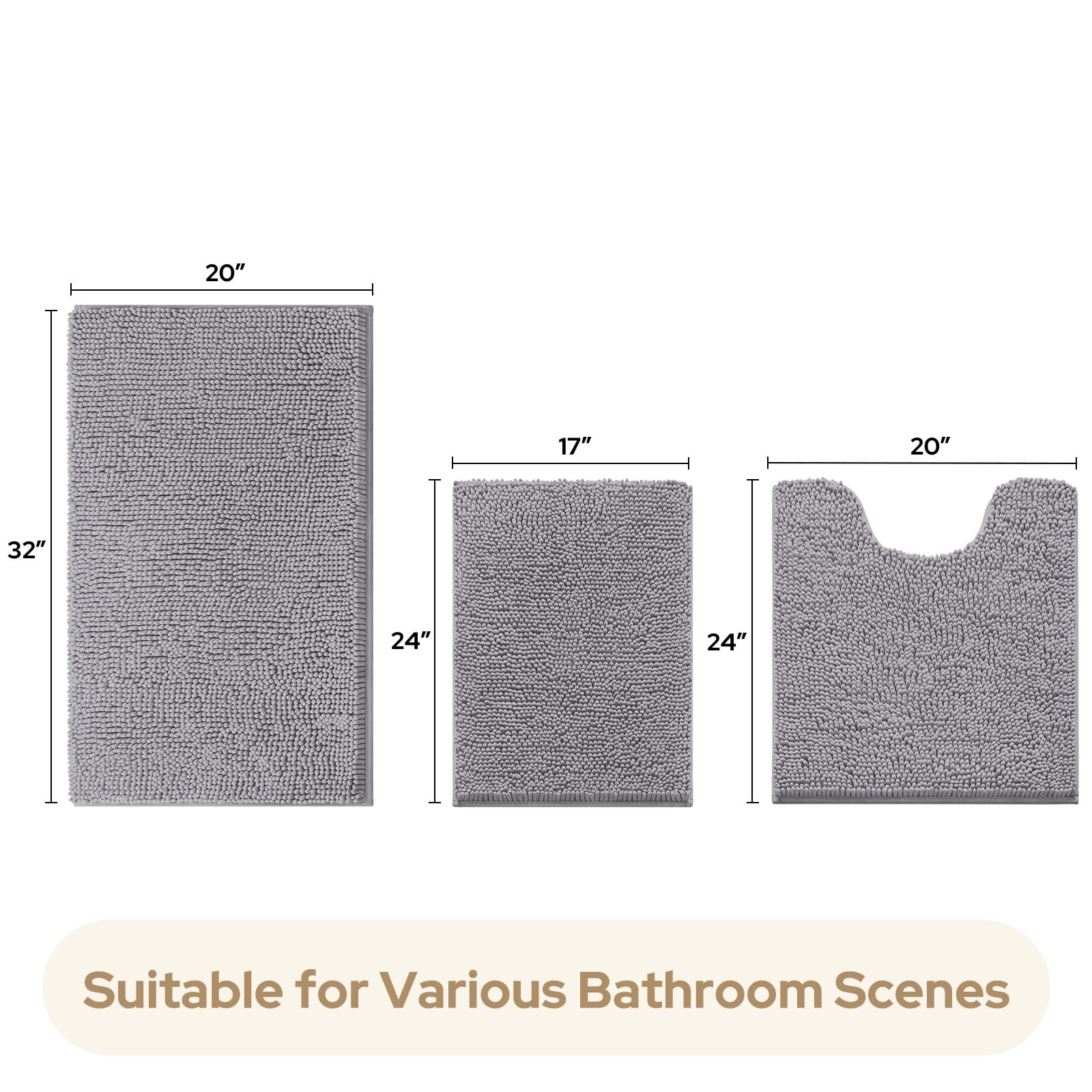 HOMEIDEAS 3 Pieces Bathroom Rugs  Ultra Soft Non Slip Absorbent Chenille Toilet Bath Mat Set (Grey)