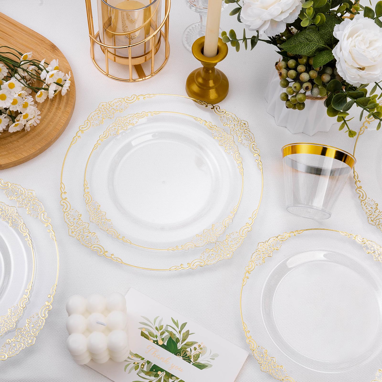 200 Pcs Clear And Gold Plastic Plates For 100 Guests, Elegant Clear Disposable Plates With Gold Rim, Include 100 Pcs Dinner Plat