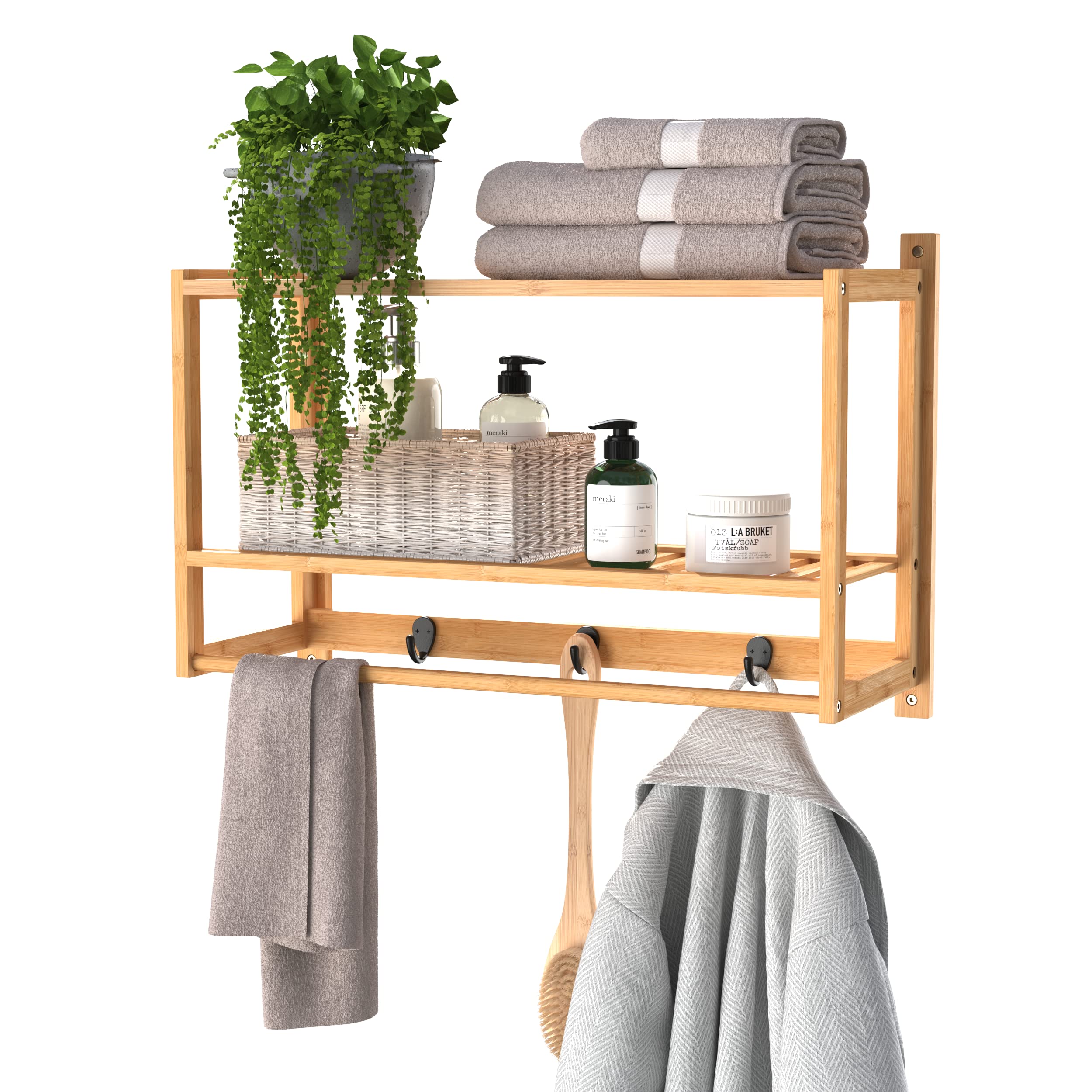 Closetmaid Bamboo Wall Shelf With Towel Bar, 3 Hooks, Wall Mount Storage Shelves, 2 Tier, Organizer Rack, Natural Finish