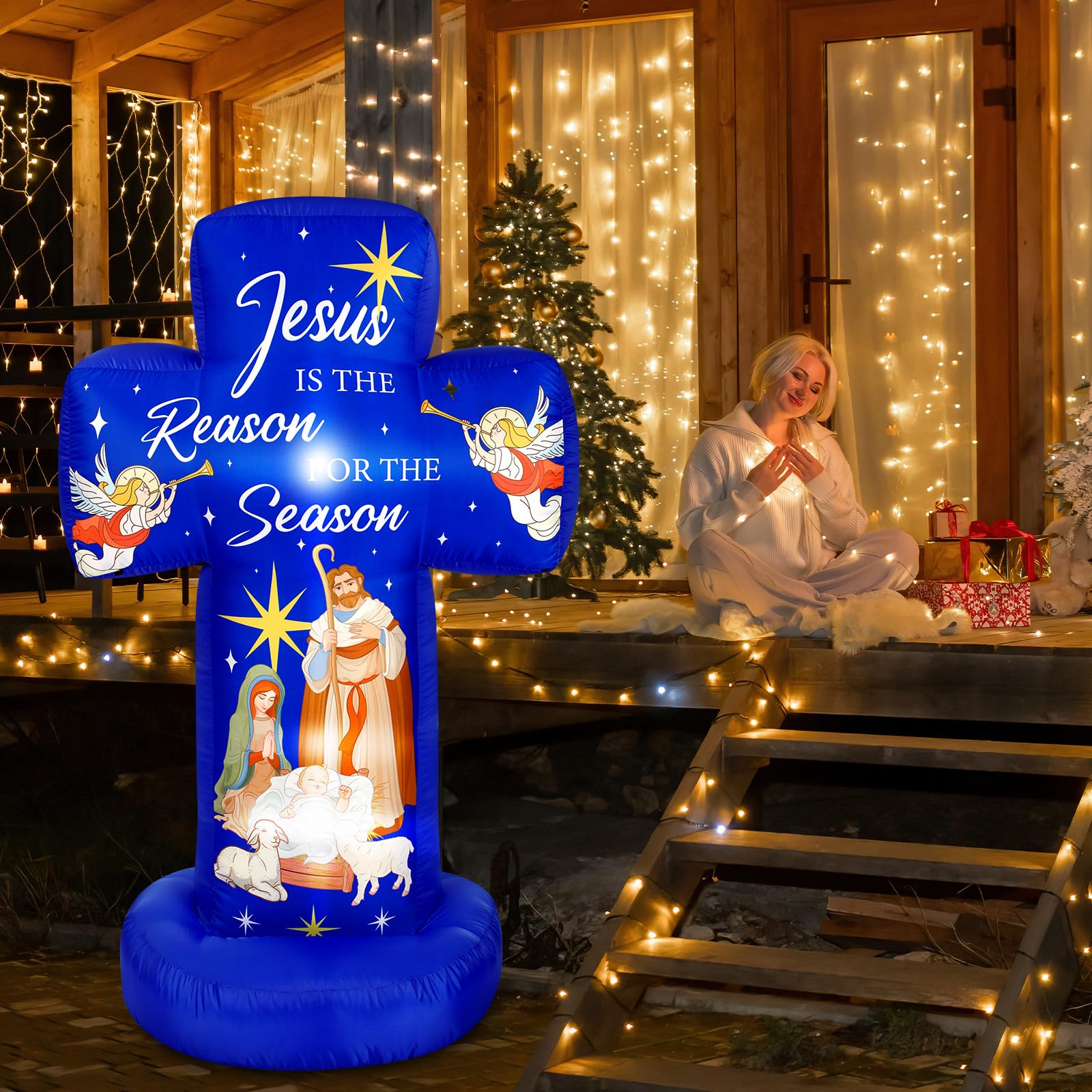 Civaner 6FT Christmas Inflatable Nativity Scene Decoration with Built in LED Lights, Jesus is The Reason for The Season Christma