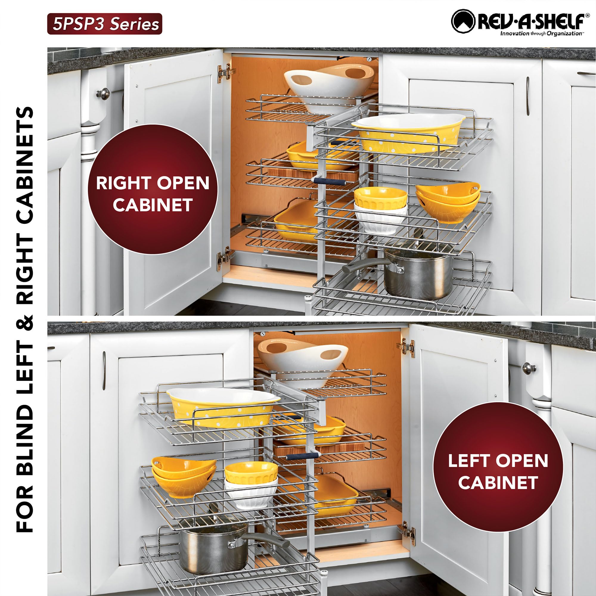 Rev-A-Shelf 3 Tier Pull Out Shelf Organizer For Blind Corner Kitchen/Bathroom Cabinets W/Soft-Close, 48'' Adjustable Shelves, Ch