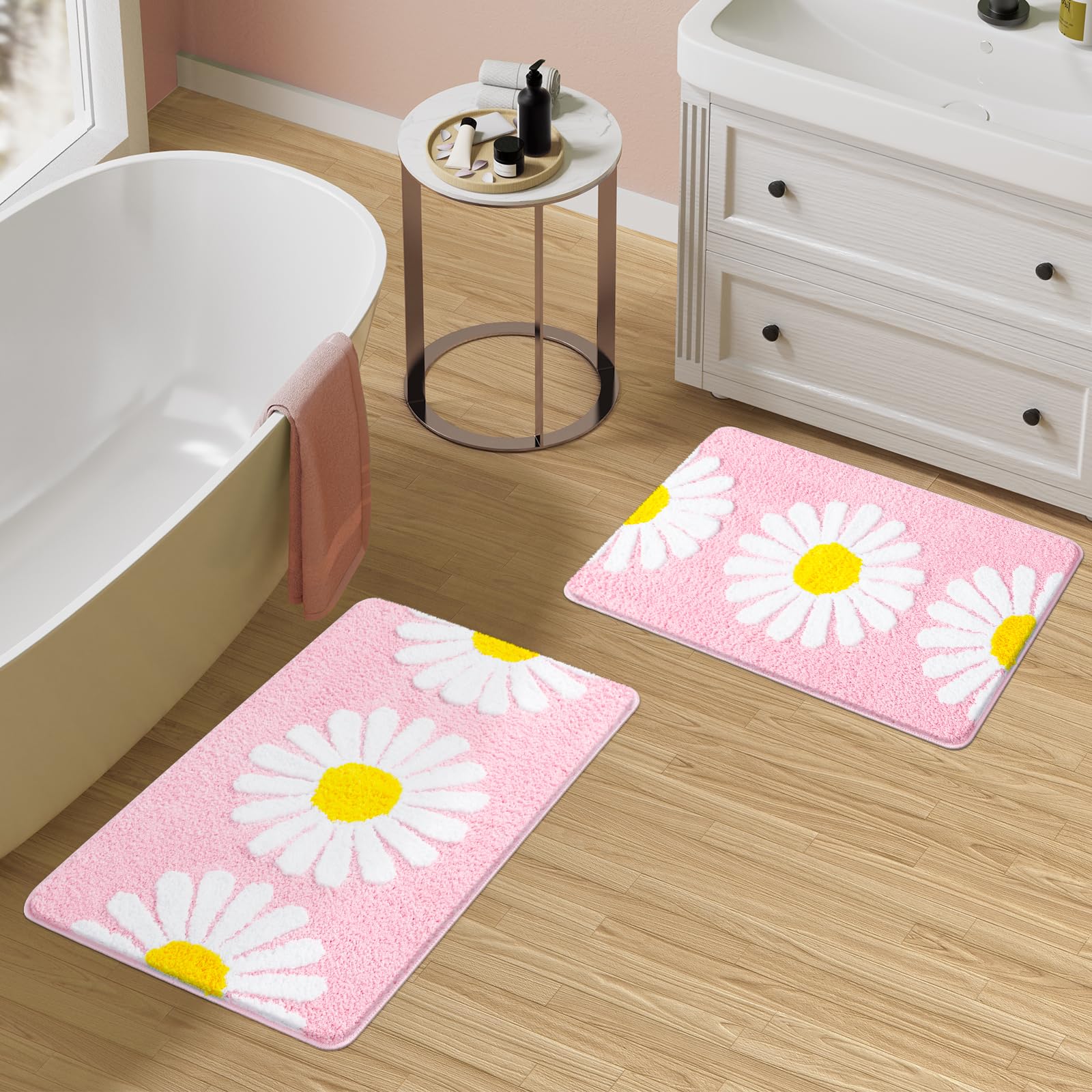 Sunhop Pink Bathroom Rugs, Cute Flower Daisy Bath Mat, Extra Soft And Absorbent Microfiber Non Slip Bath Rug, Bath Mats For Bath