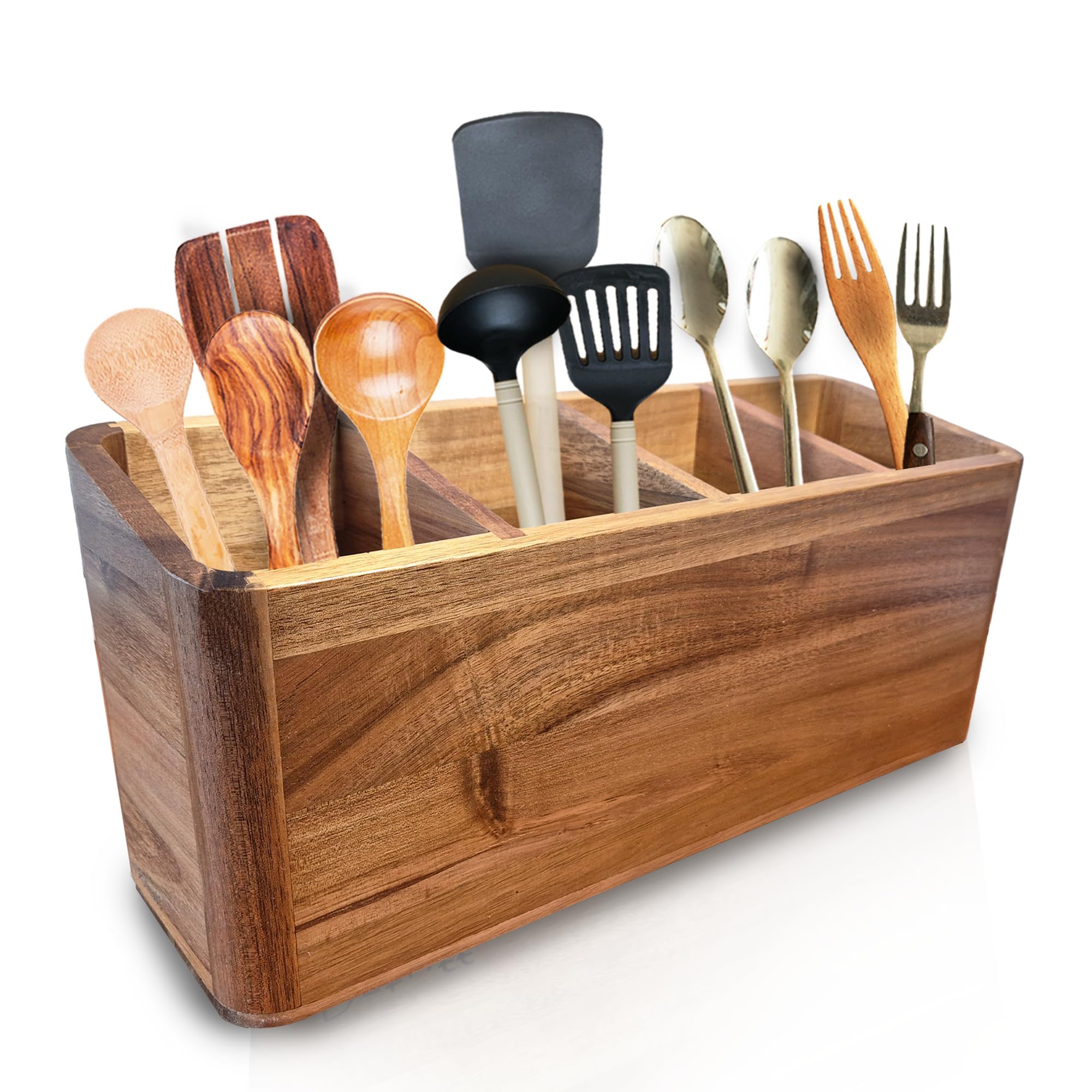Dstuff Large Kitchen Utensil Holder Organizer for Counter or Countertop, Wooden Storage Container for Cooking and Silverware, Ac