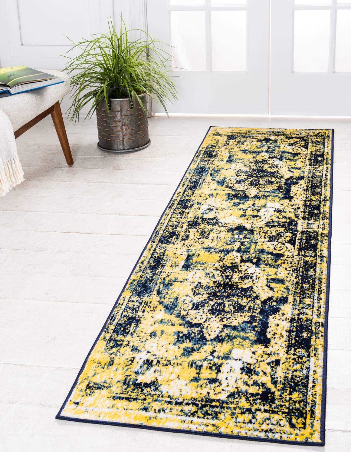 Unique Loom Sofia Collection Area Rug - Salle Garnier (2 x 6 7 Runner, Navy Blue/ Yellow)