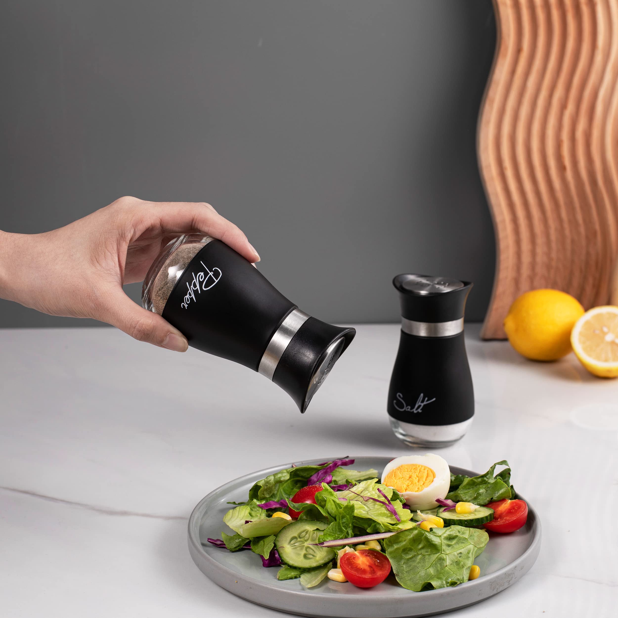 Salt And Pepper Shakers, Stainless Steel And Glass Bottle, Set Of 2, Black