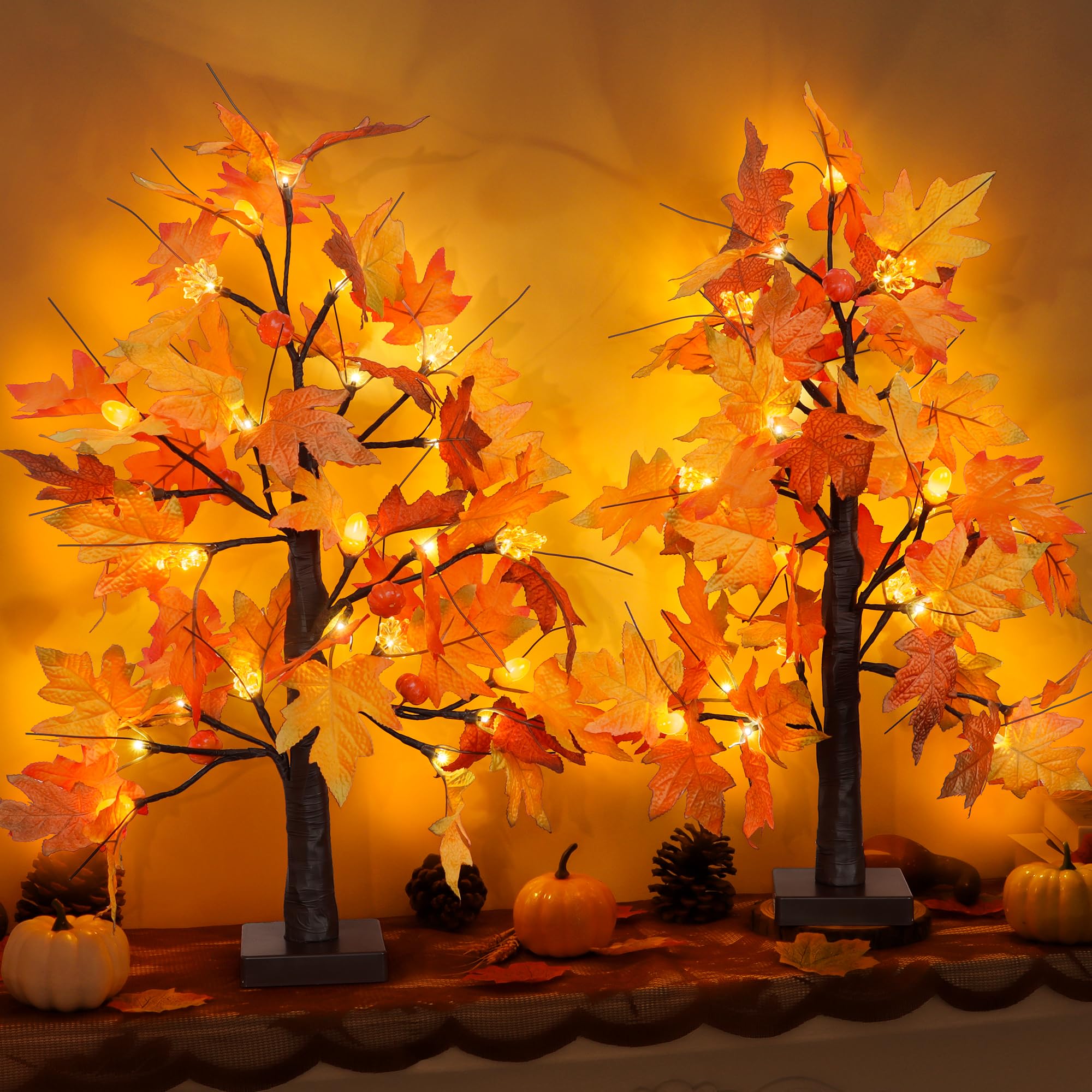2 Packs 24 Inch Lighted Maple Tree Fall Thanksgiving Decorations with 48 LEDs Timer Battery Operated 3D Acorn Maple Lampshade Ar