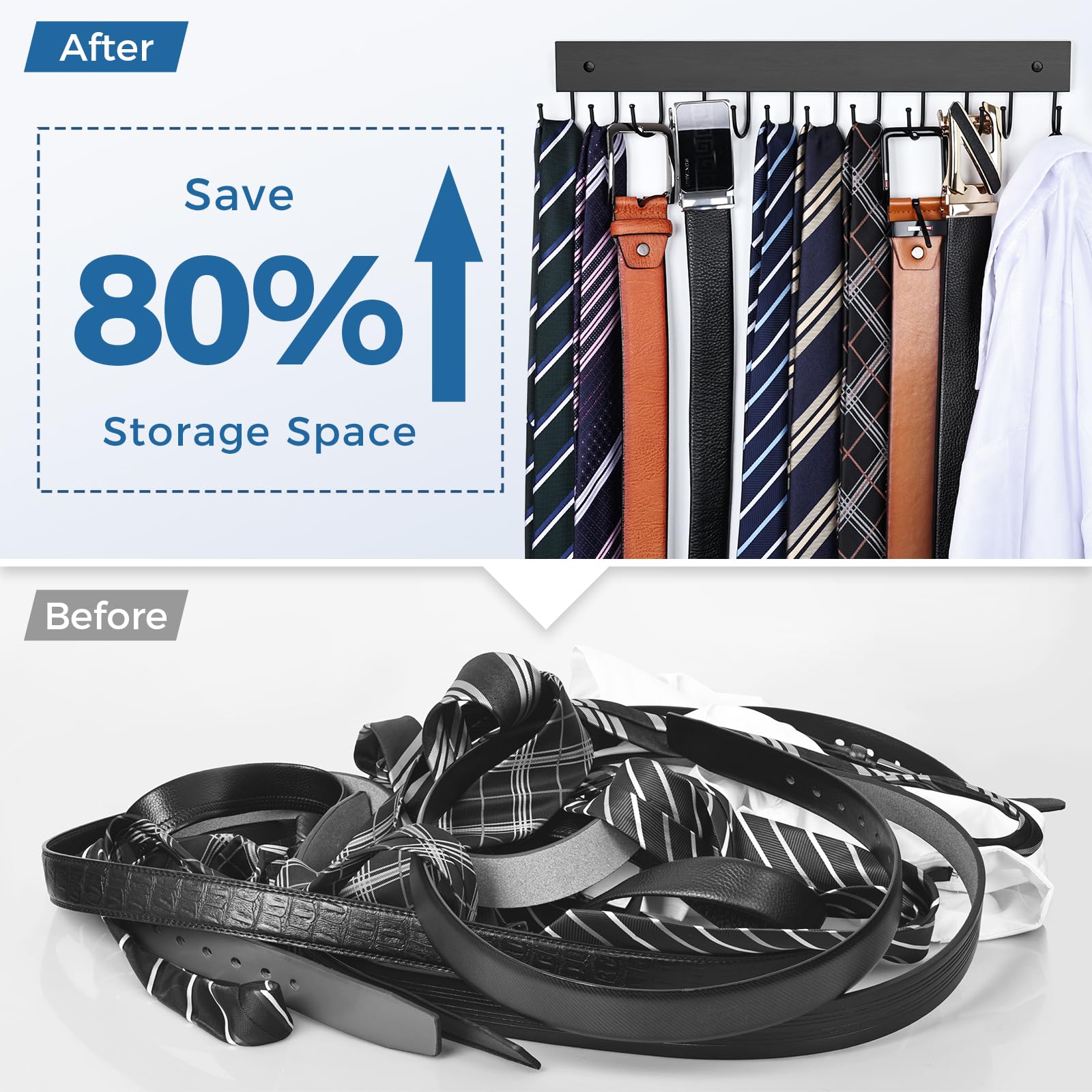 Belt Hanger Wall Mounted, Wooden Belt Organizer Max 12 Storage Capacity, 180 Rotating Space Saving Hangers For Ties, Tank Tops,