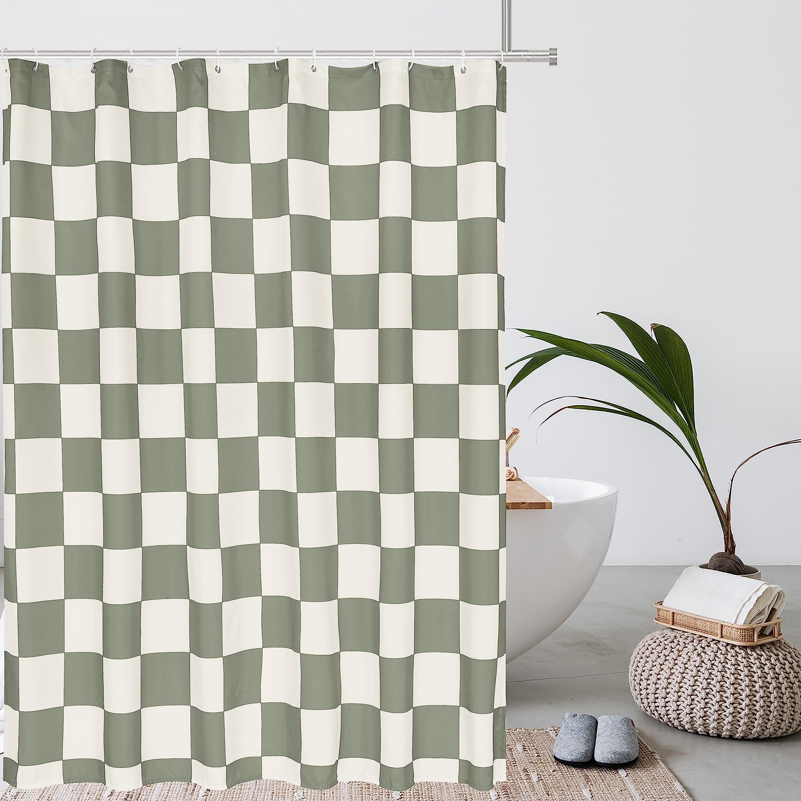 Tititex Aesthetic Checkerboard Grid Pattern Shower Curtain, Beige Sage Green Modern Shower Curtain Sets Decoration 71X71 Inch Wi