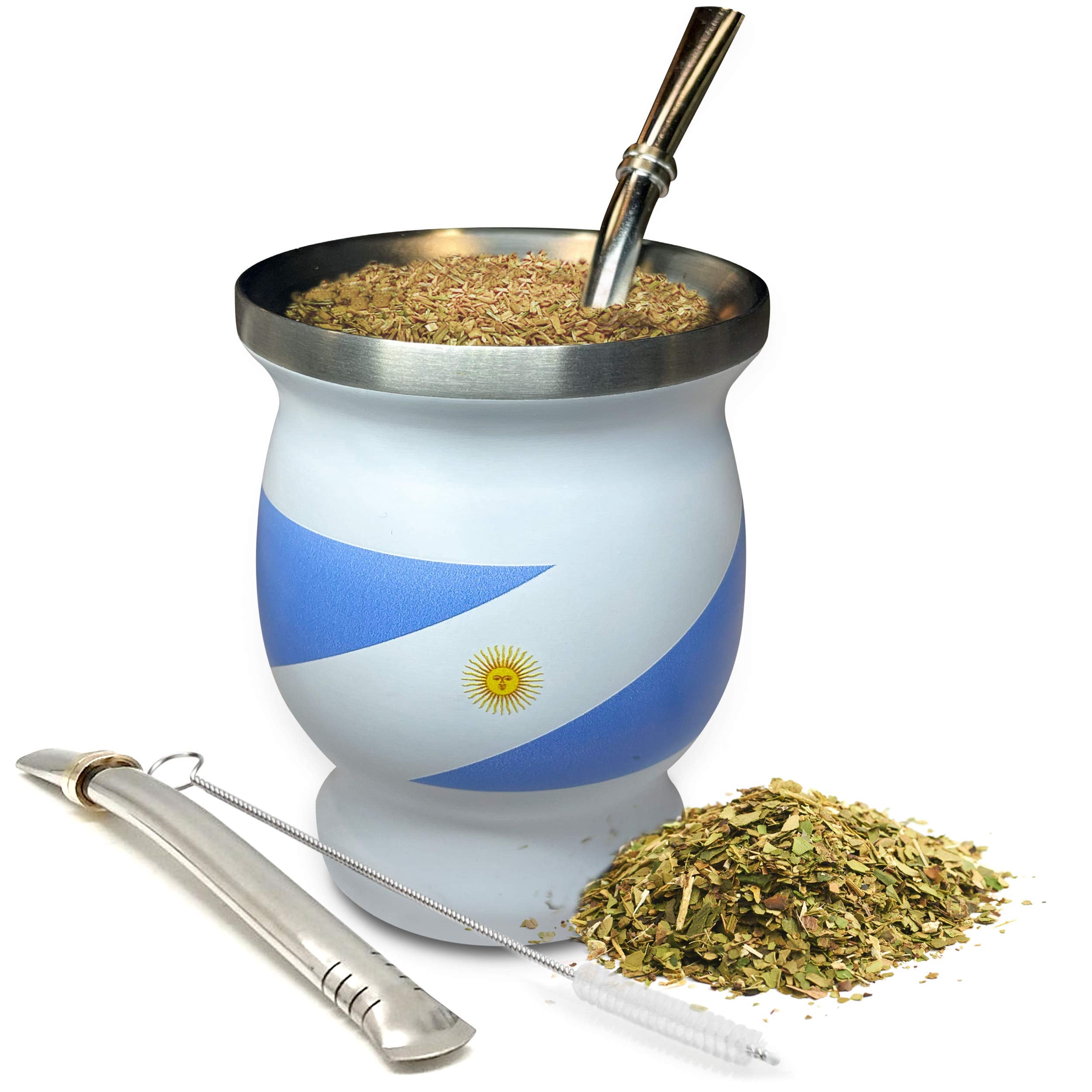 Norte Yerba Mate Natural Gourd/Tea Cup Set Argentinian Flag/Argentina, Includes 2 Bombillas (Yerba Mate Straws) & Cleaning Brush