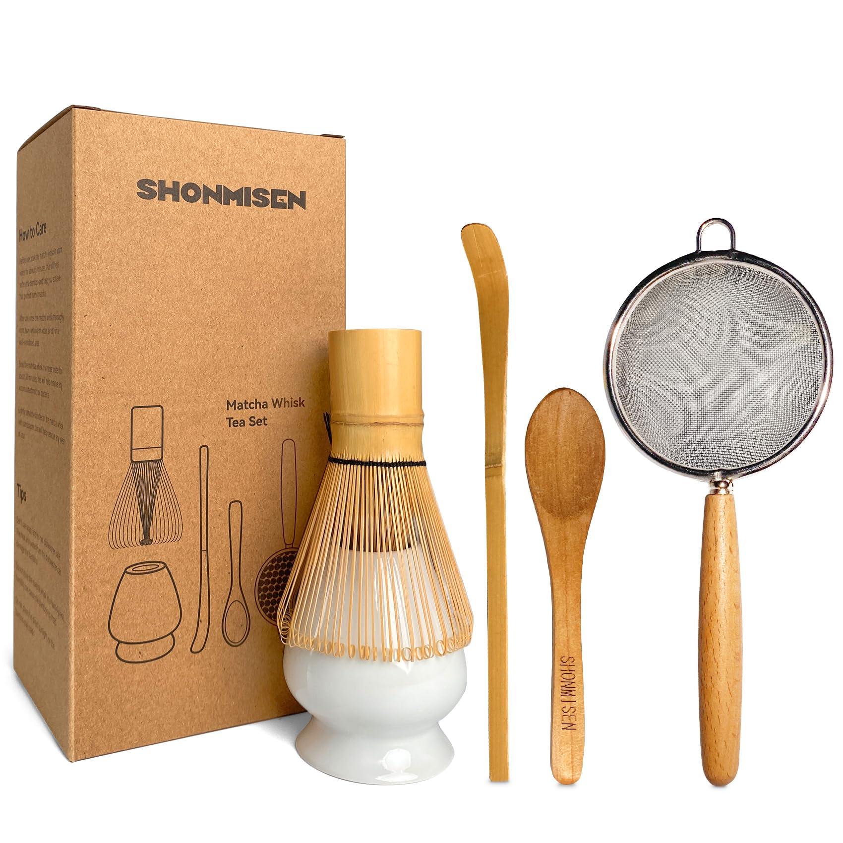 Shonmisen Bamboo Matcha Whisk Set -Matcha Whisk (Chasen),Whisk Holder(White),Sifter,Tea Scoop And Tea Spoon