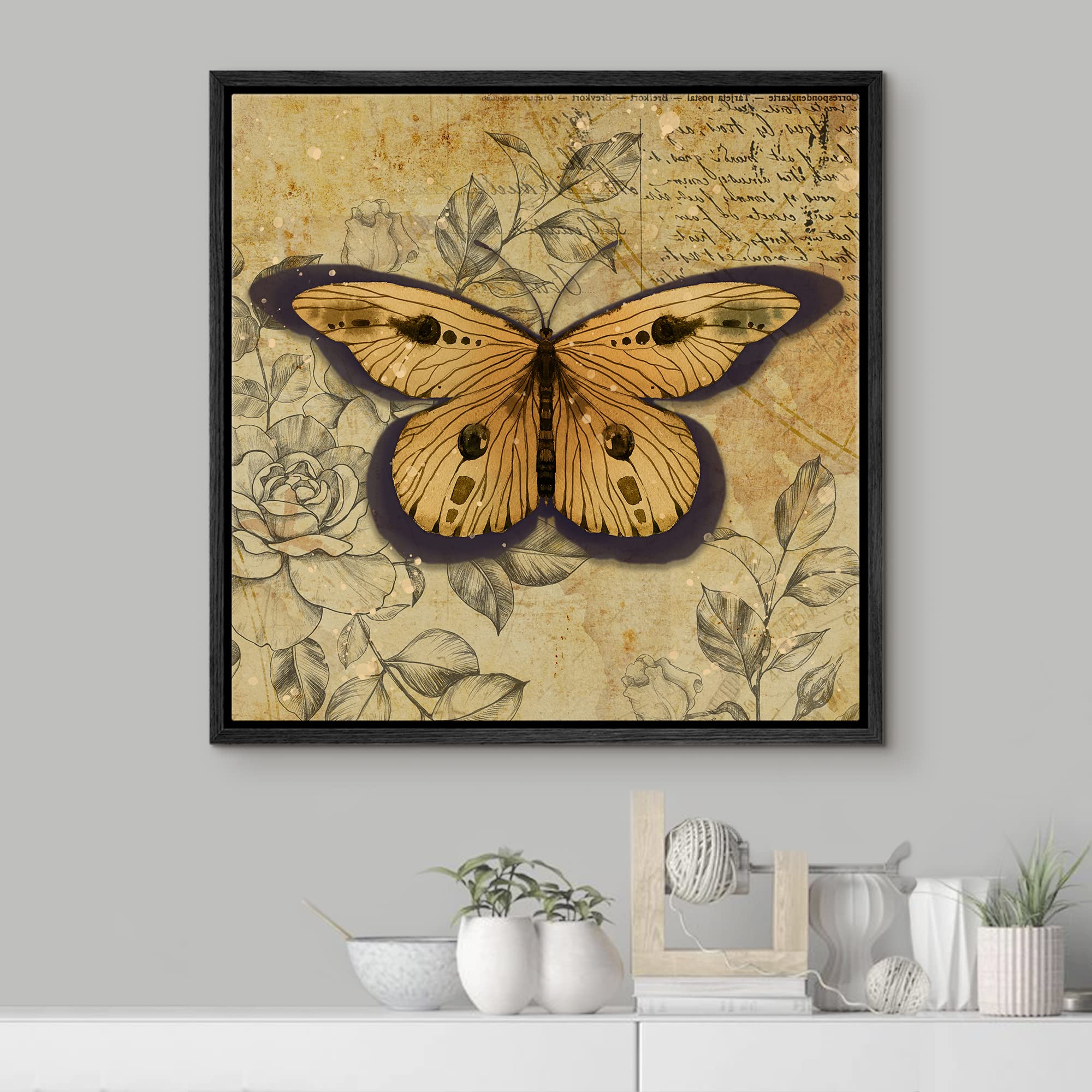 Wall26 Framed Canvas Print Wall Art Yellow Monarch Butterfly Floral Pattern Nature Wilderness Rustic Modern Art Farmhouse Decora