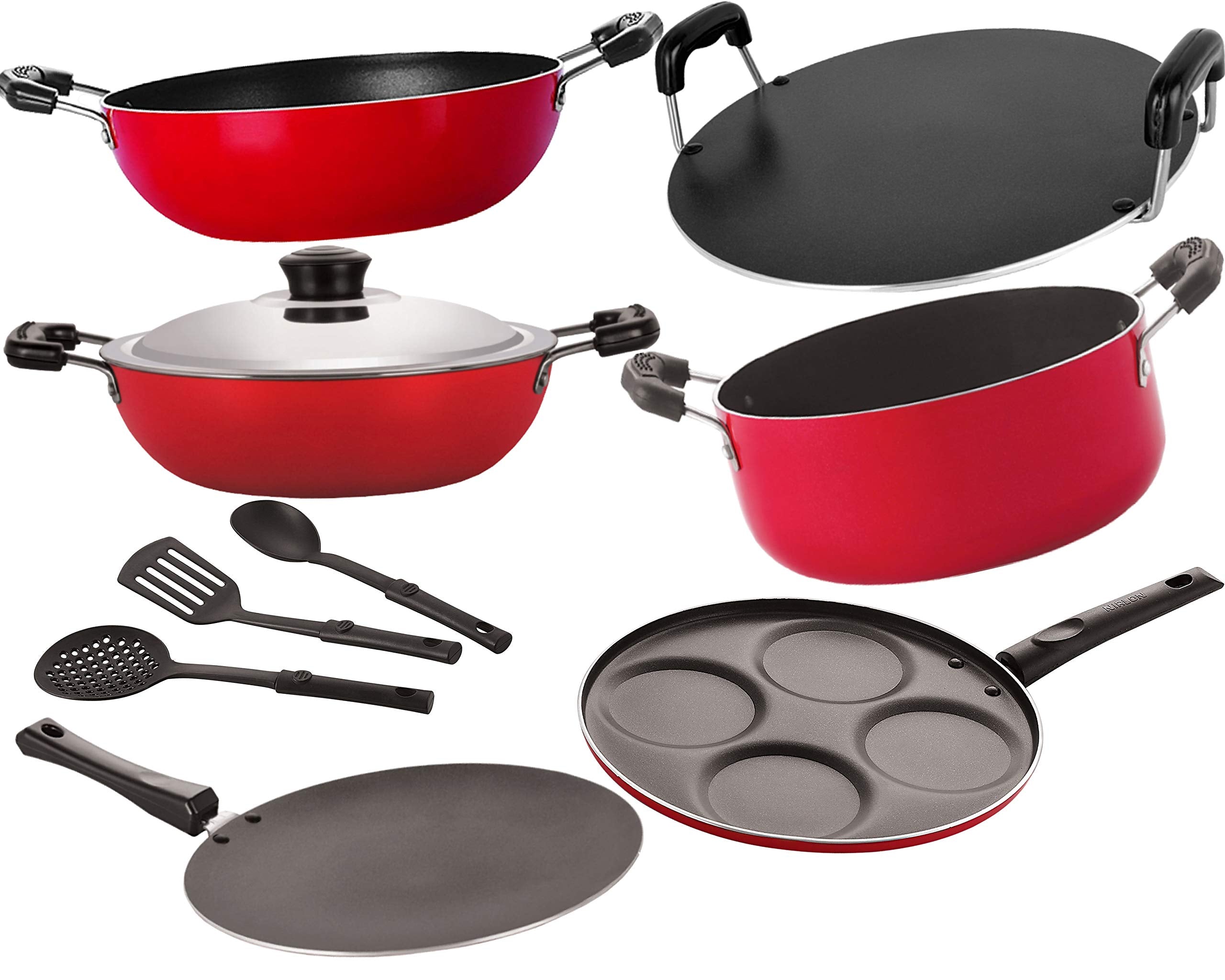 Nirlon NonStick Aluminium Gas Compatible Cookware Kitchen Utensils Combo Gift Set Offer  9 Pieces [26_Ct_Kd14_Dkdb_Rt_Cass20_U