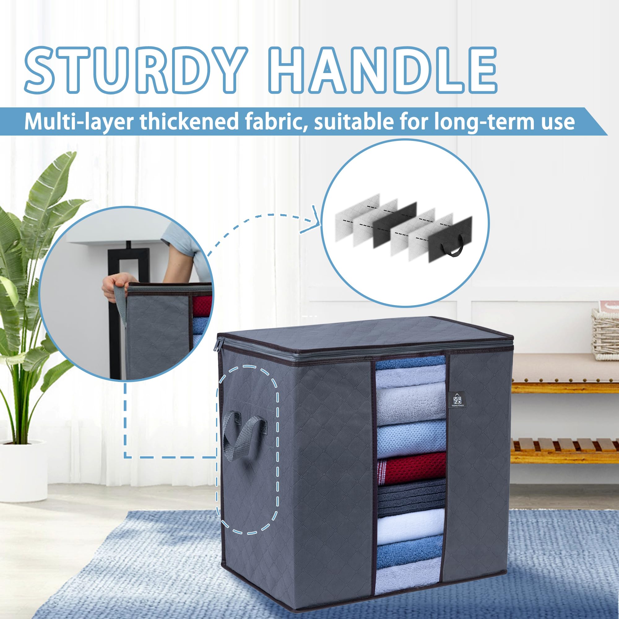 VENO 3 Pack Clothes Storage Bag Organizer with Reinforced Handle Thick Fabric for Comforters, Blankets, Bedding, Foldable with S