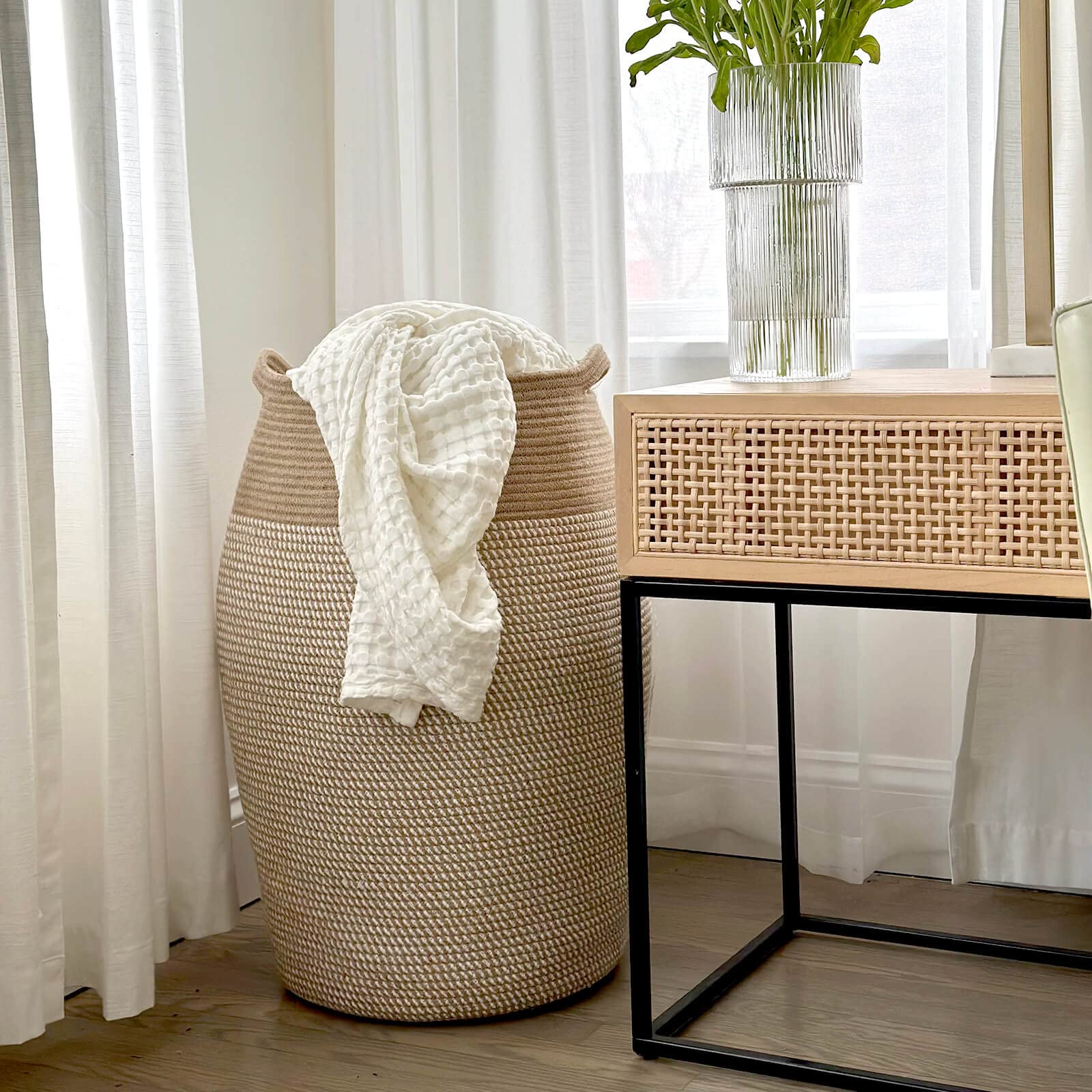 Goodpick Laundry Hamper | Woven Cotton Rope Dirty Clothes Hamper Tall Kids Curve Laundry Basket Large, 25.6 X 17.71 Inch