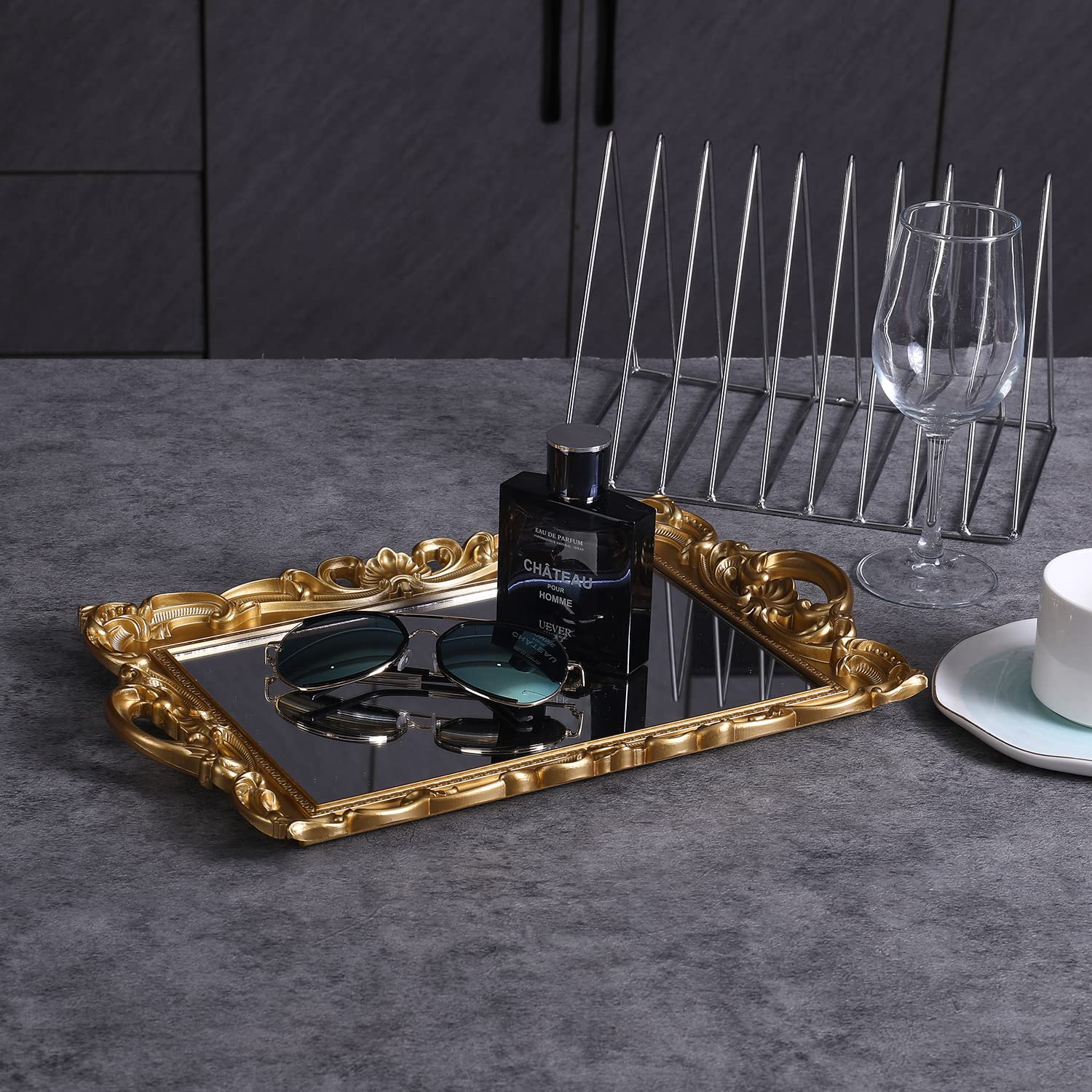 Sooyee Decorative Tray,Bathroom Tray Vanity Tray Decor, 15.3X9.8 Gold Tray Mirror Tray For Dessert Table,Coffee Table,Vanity,Hom