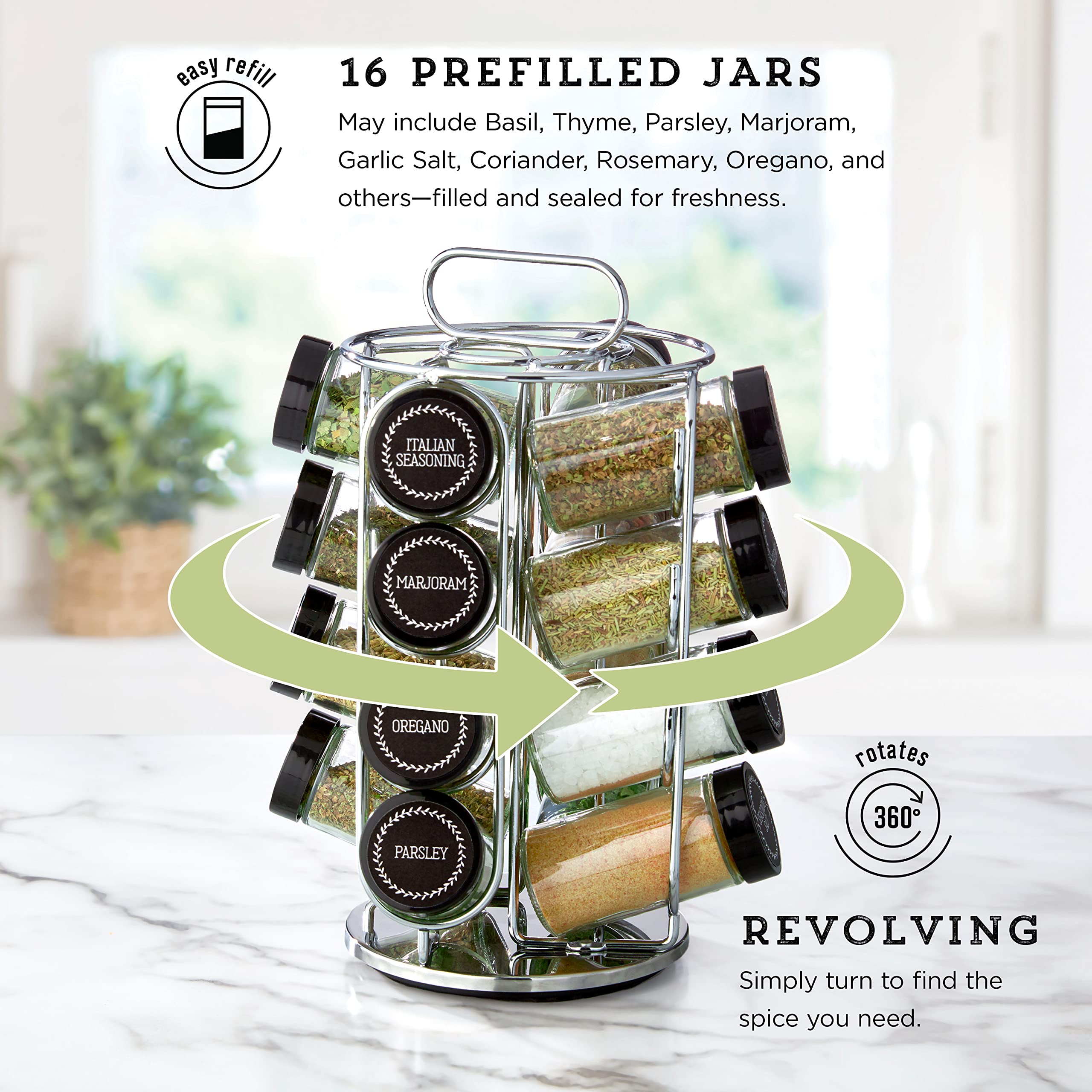 Kamenstein 16 Jar Montauk Revolving Countertop Spice Rack Organizer with Spices Included, FREE Spice Refills for 5 Years, Chrome