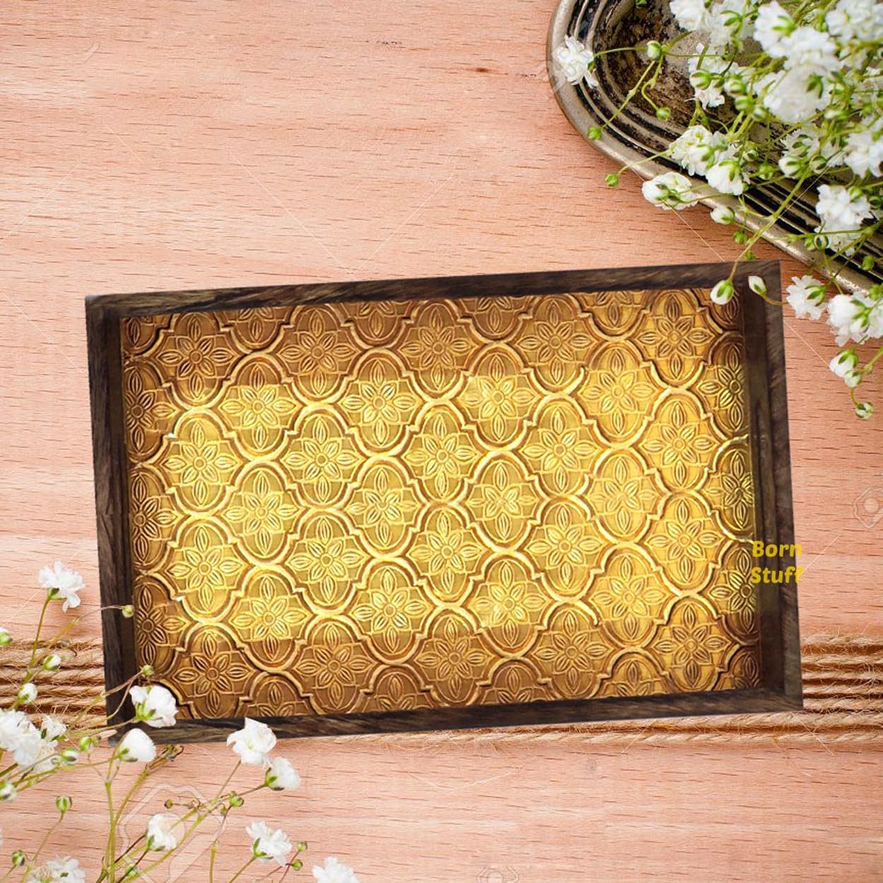 Born Stuff Wood Serving Trays Set With Handles, Tray Cut Brass Fitted Trays For Serving Cakes, Pastries, Snacks, Breakfast, Coff