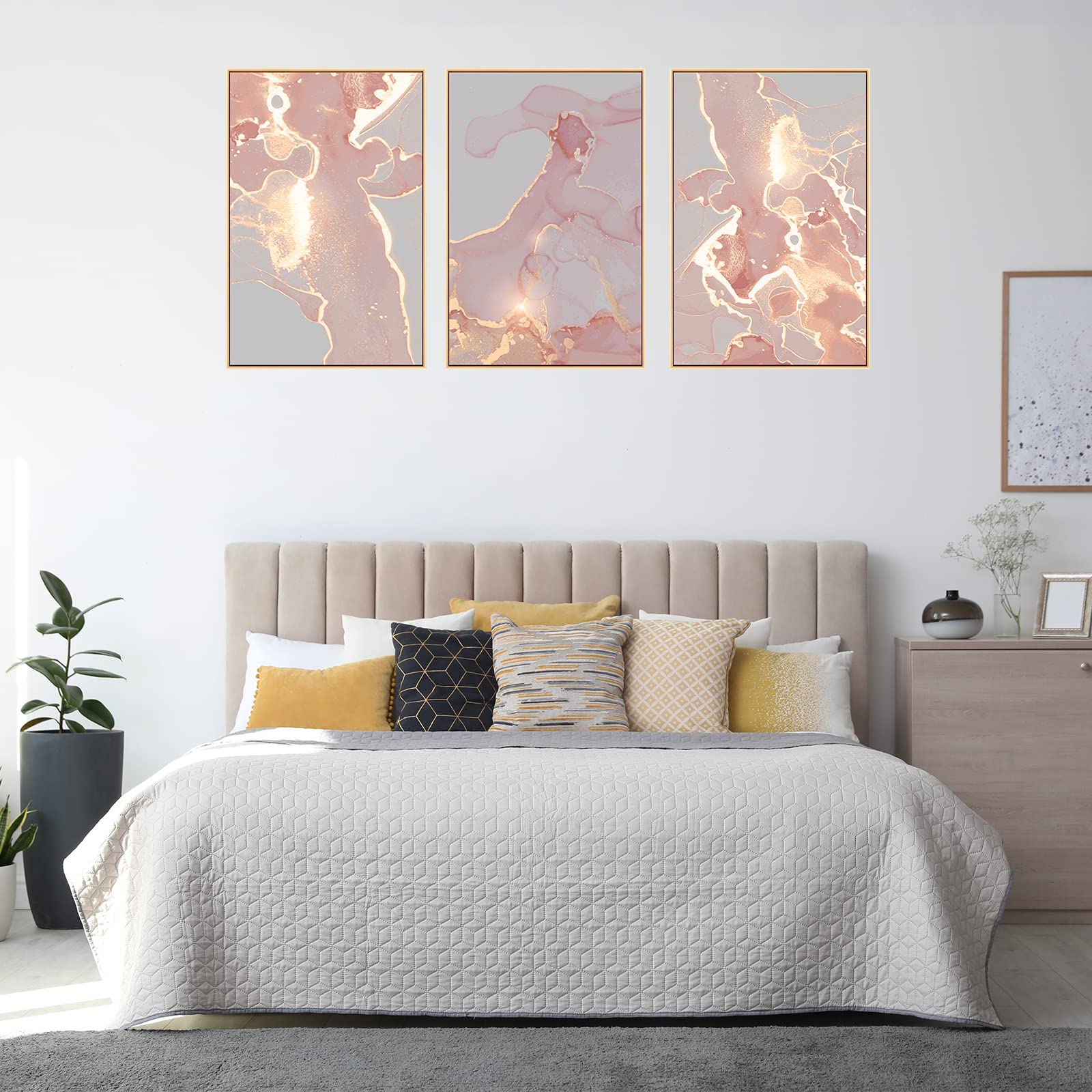 MOUDAMION Pink and Rose Gold Wall Decor  Abstract Canvas Wall Art Aesthetic Luxury Framed Wall Painting Picture Glitter Gold Blush Marble Print Artwork for Living Room Bedroom Kitchen Bathroom Office