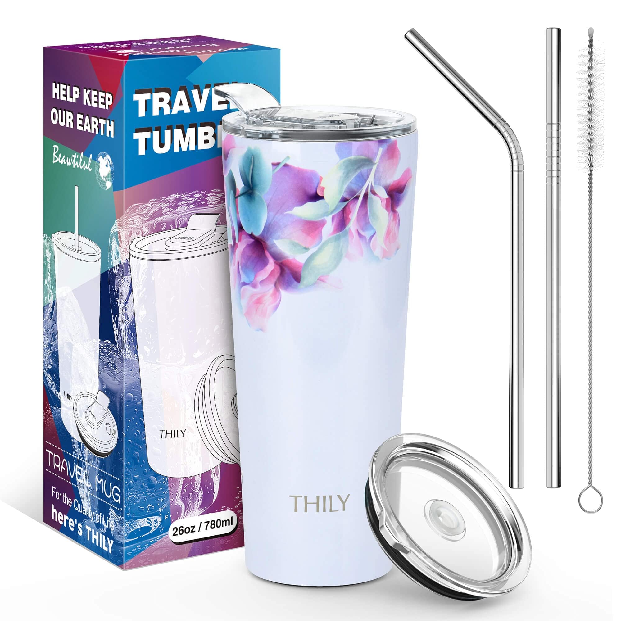 Thily Stainless Steel Vacuum Insulated Tumbler Travel Mug 26 Oz Coffee Cup With 2 Lids And Straws, Splash Proof, Keep Ice Drinks