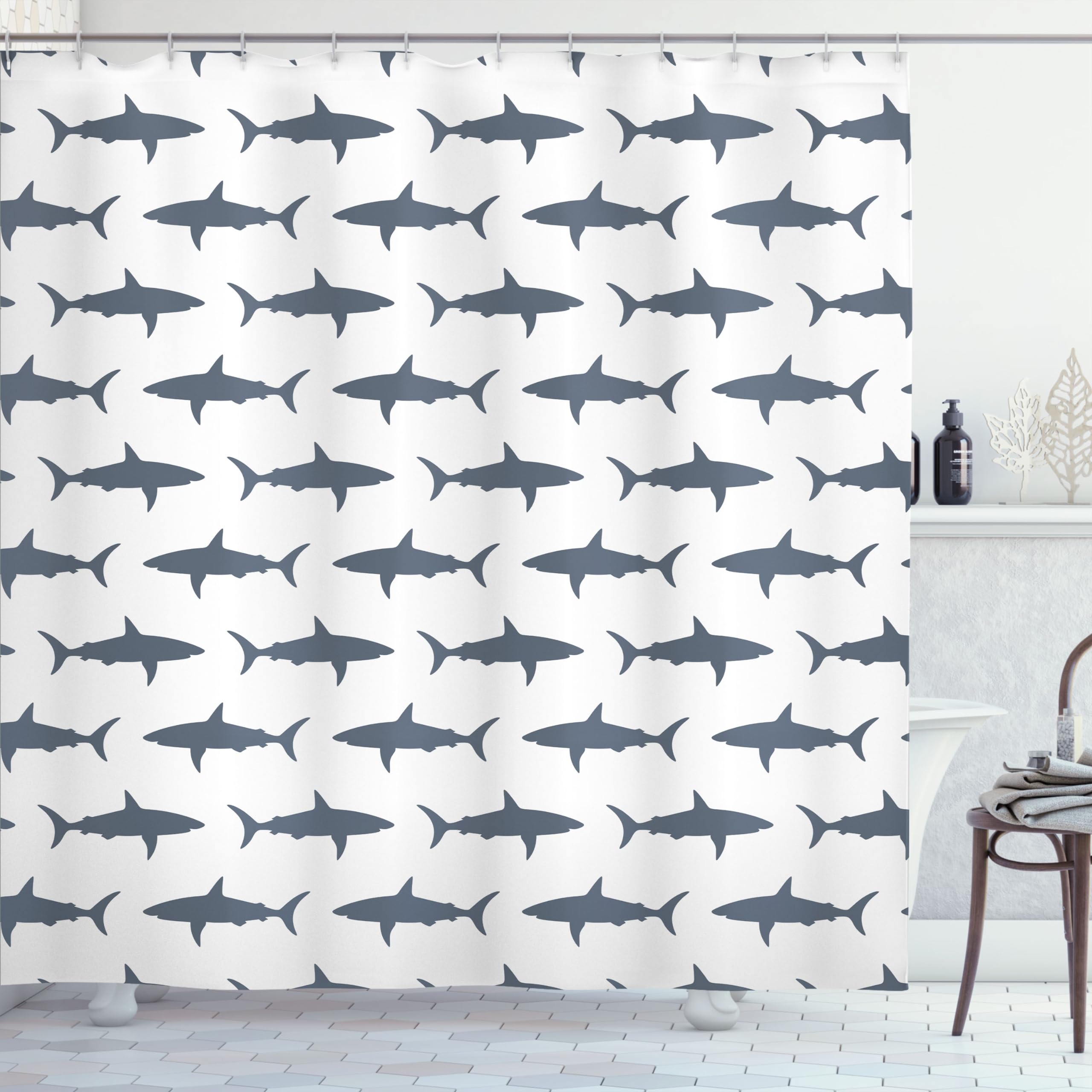 Fish Shower Curtain Set Sea Animals Decor, Sharks Swimming Silhouettes Traveler Powerful Danger Design Pattern, Bathroom Accesso