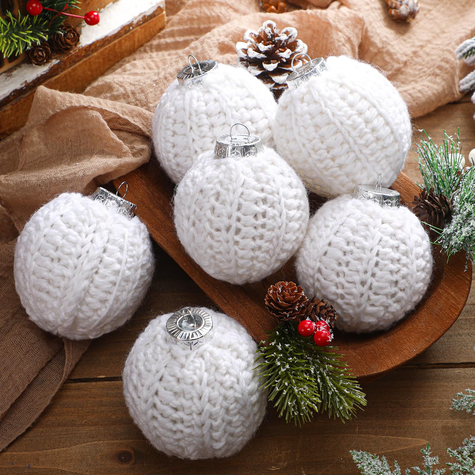 Vercraft 6 Pcs 2.75 Inch Crochet Christmas Ornaments Balls Christmas Knitted Ornaments Neutral Hanging Decoration Handmade Croch