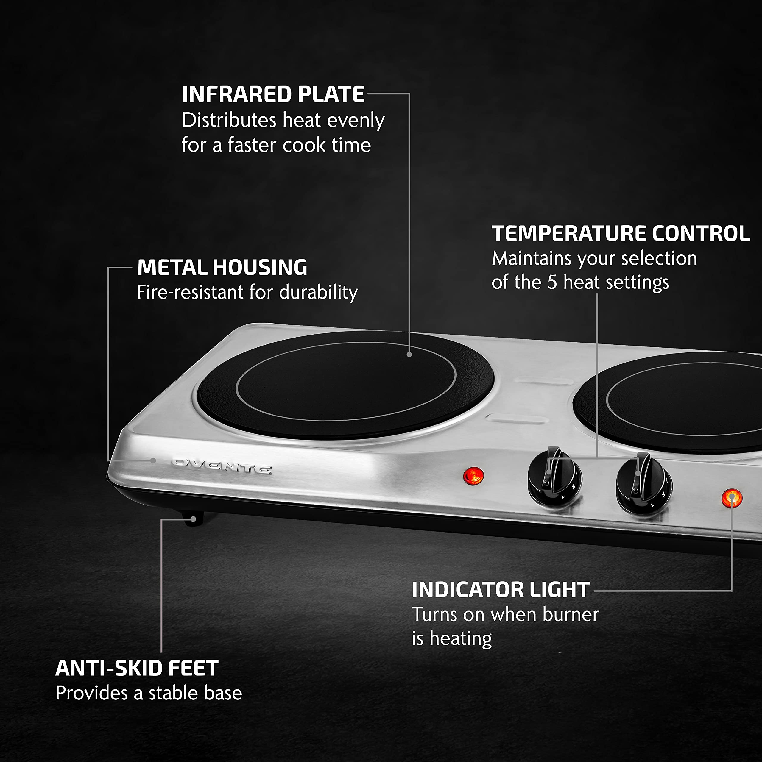 Ovente Countertop Infrared Double Burner, 1700W Electric Hot Plate And Portable Stove With 7.75'' And 6.75'' Ceramic Glass Cookt