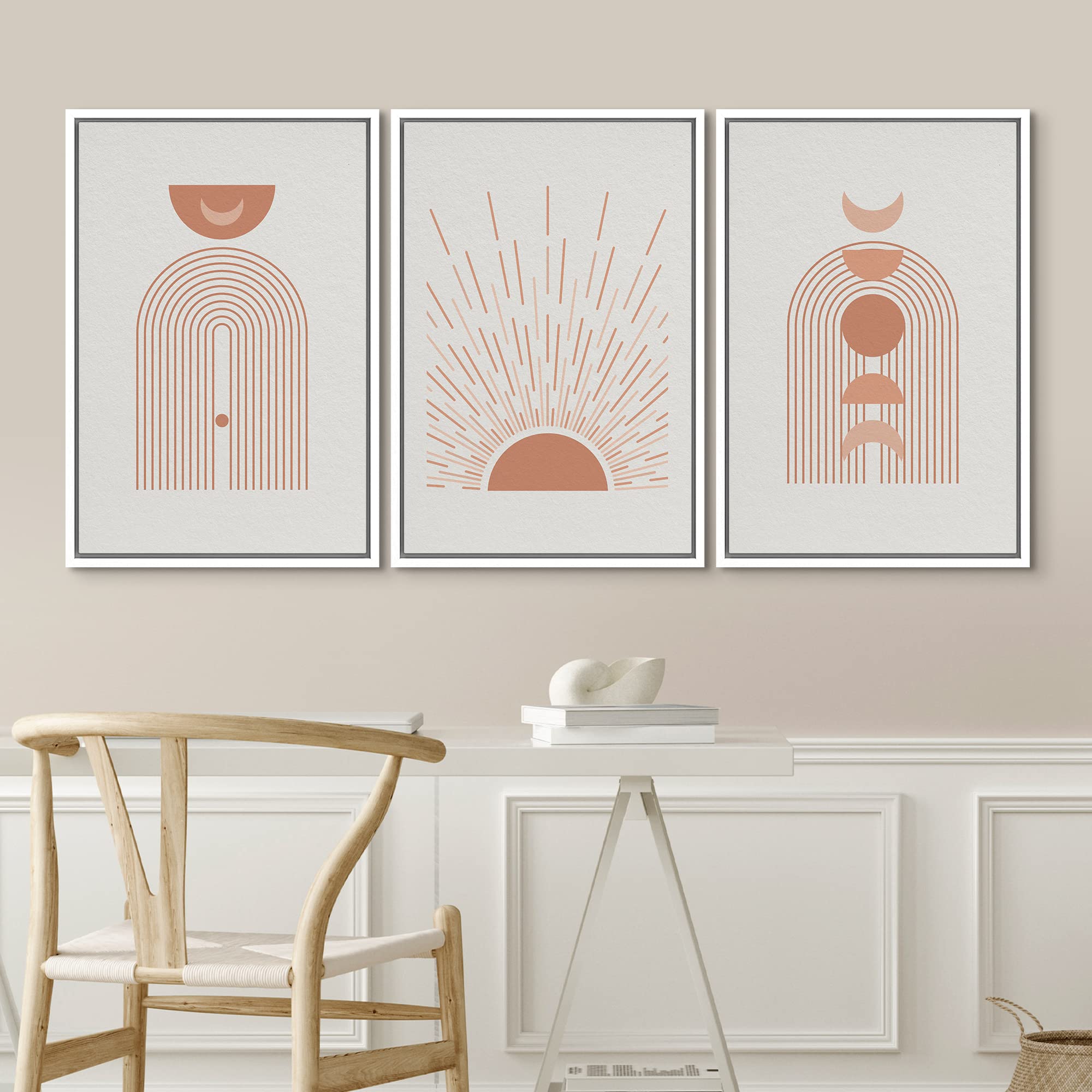 Idea4Wall Framed Canvas Print Wall Art Set Shining Sun Moon Geometric Landscape Abstract Shapes Illustration Modern Art Decorati