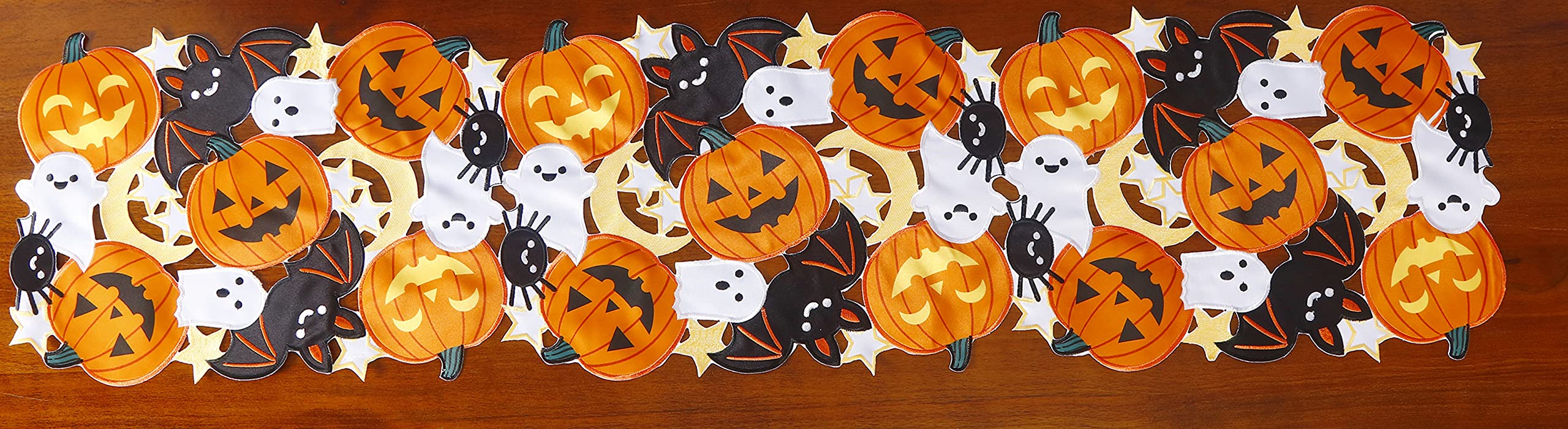 Holiday Halloween Table Runner 13''X36'' ,Cutwork Applique Embroidered Pumpkins And Bats Dresser Scarf For Home Dining Autumn Th