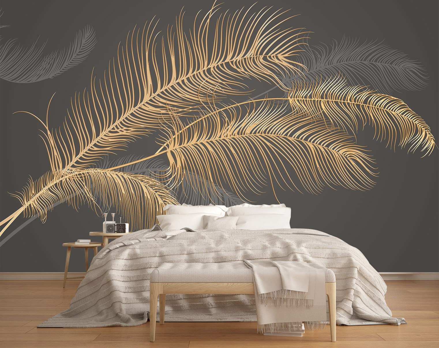 MFWFM Black and Gold Feather Wallpaper Huge Banana Leaf Mural Wallpaper for Bedroom Living Room TV Background (Not Peel n Stick