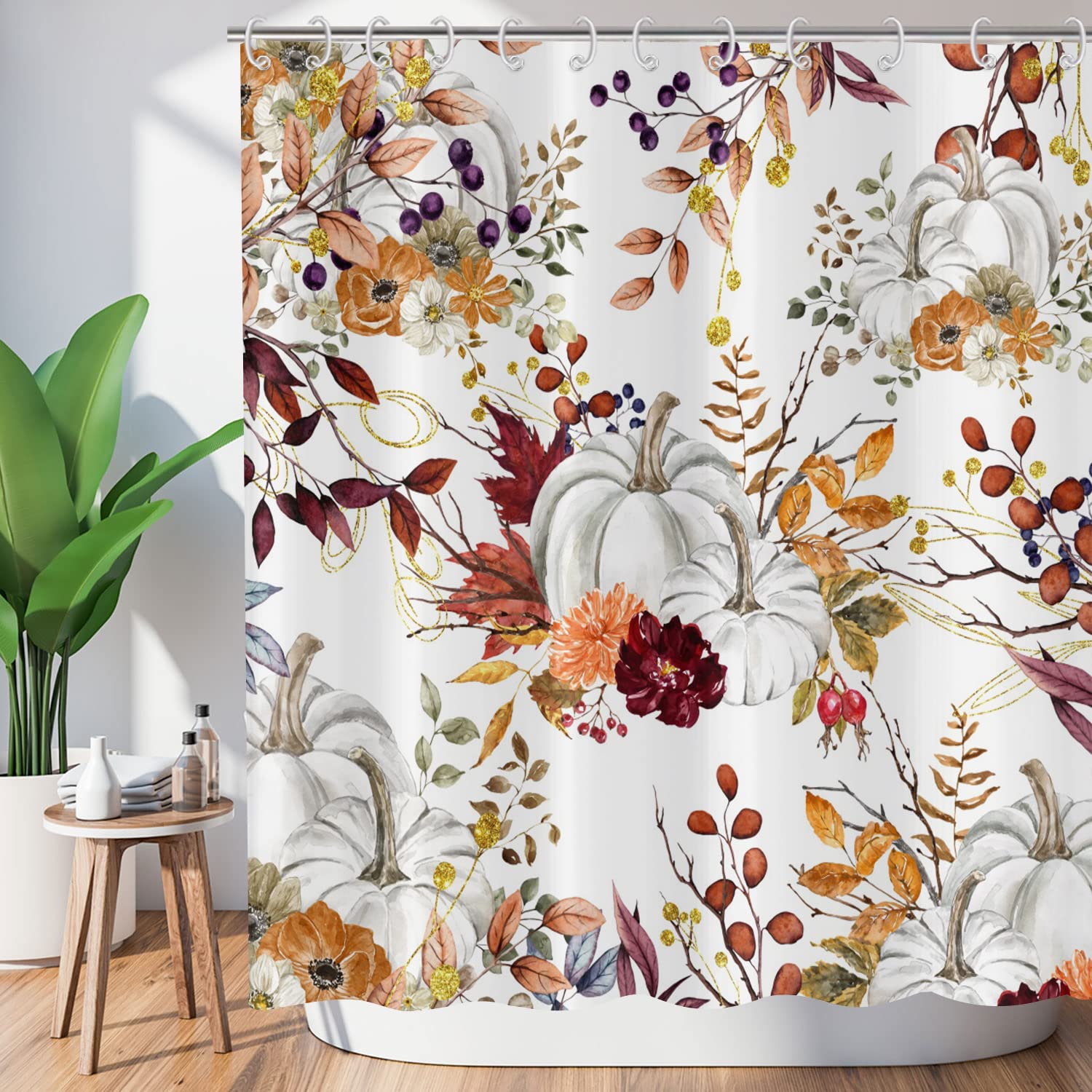 Gcirec Autumn Pumpkin Shower Curtain, Fall Thanksgiving Harvest Watercolor Floral Pumpkin Boho Bathroom Curtain Home Bathtub Dec