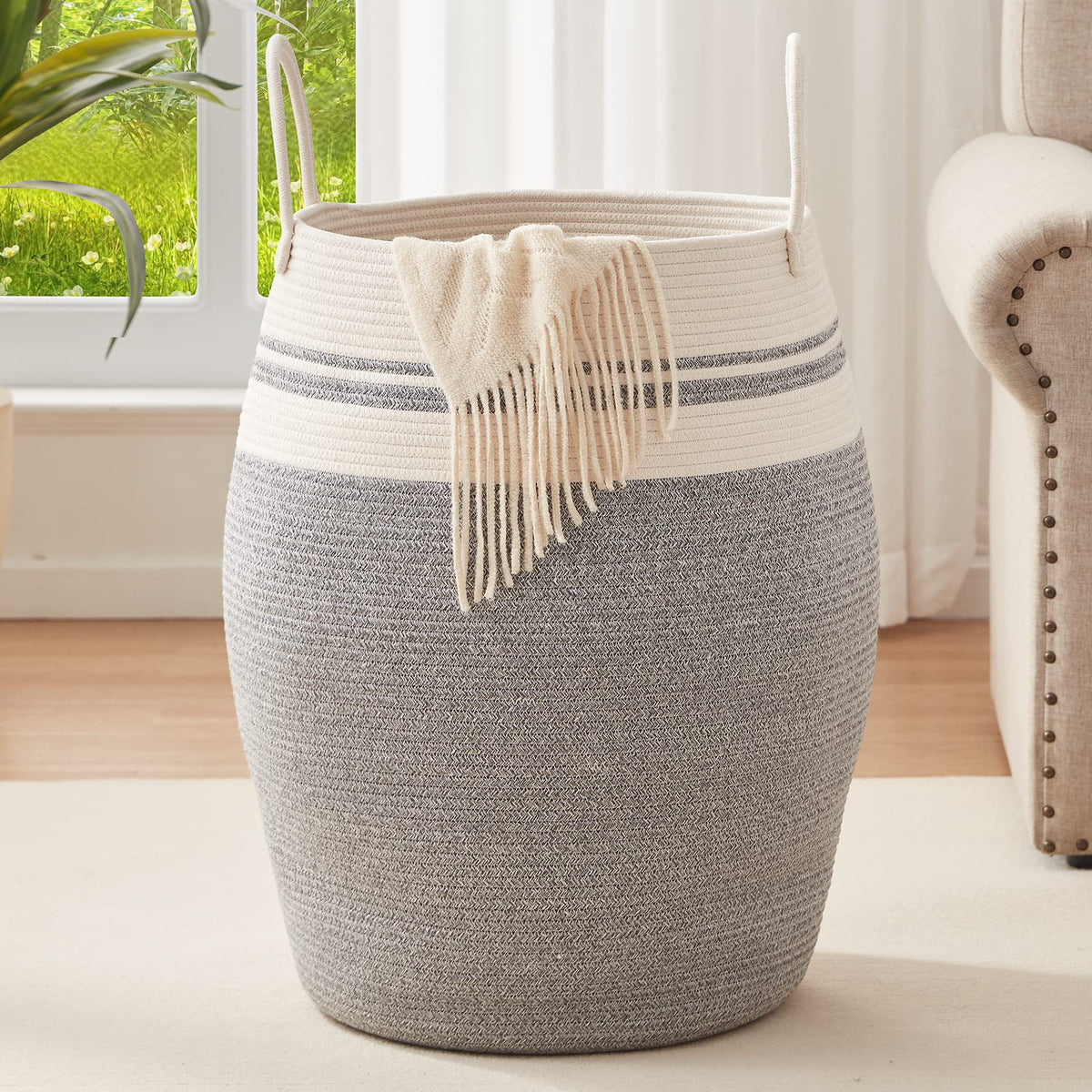 Oiahomy Laundry Hamper Woven Cotton Rope Large Clothes Hamper 25.6'' Height Modern Curve Basket With Extended Cotton Handles For