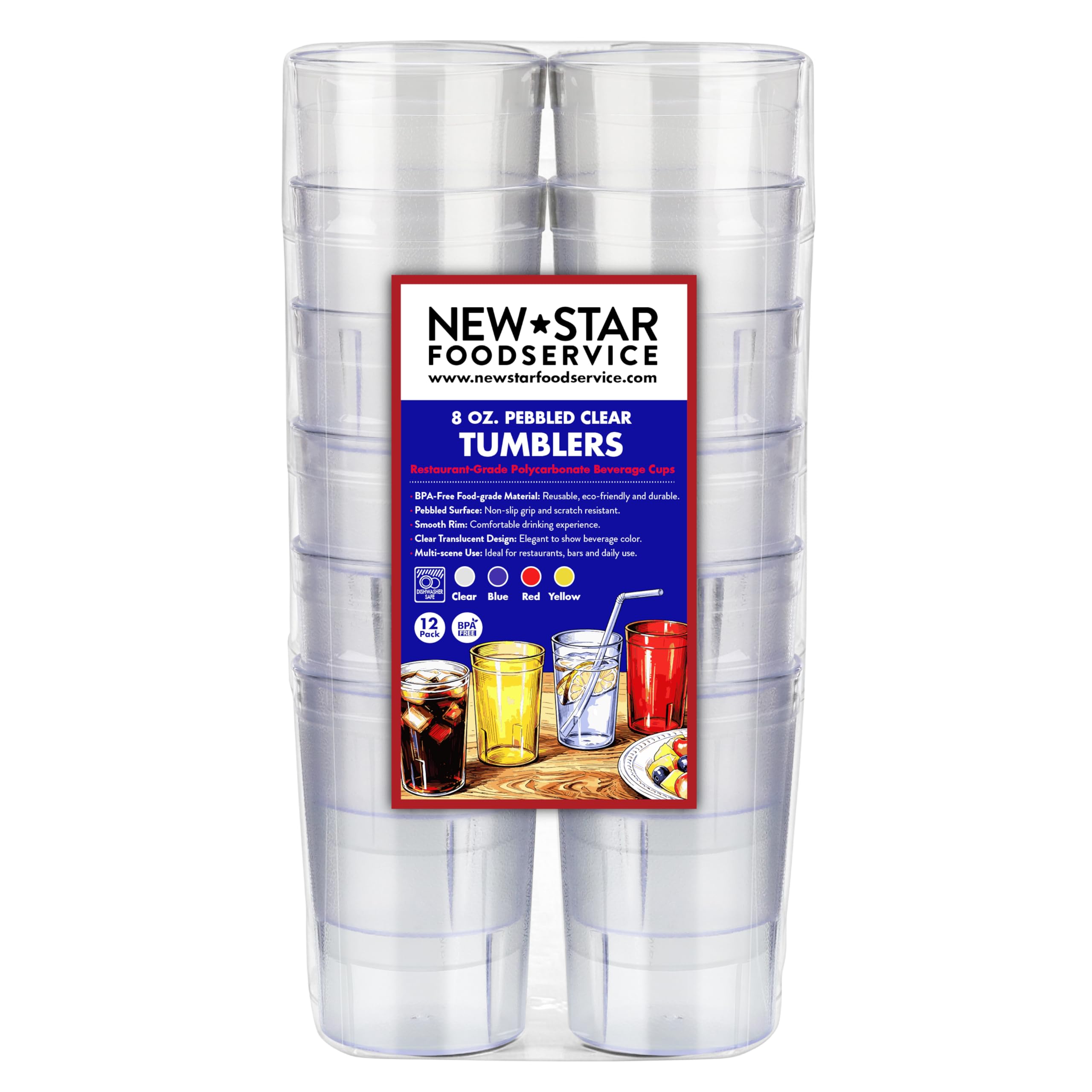 New Star Foodservice Restaurant-Grade Polycarbonate Beverage Tumblers, 8 oz, Clear, Set of 12