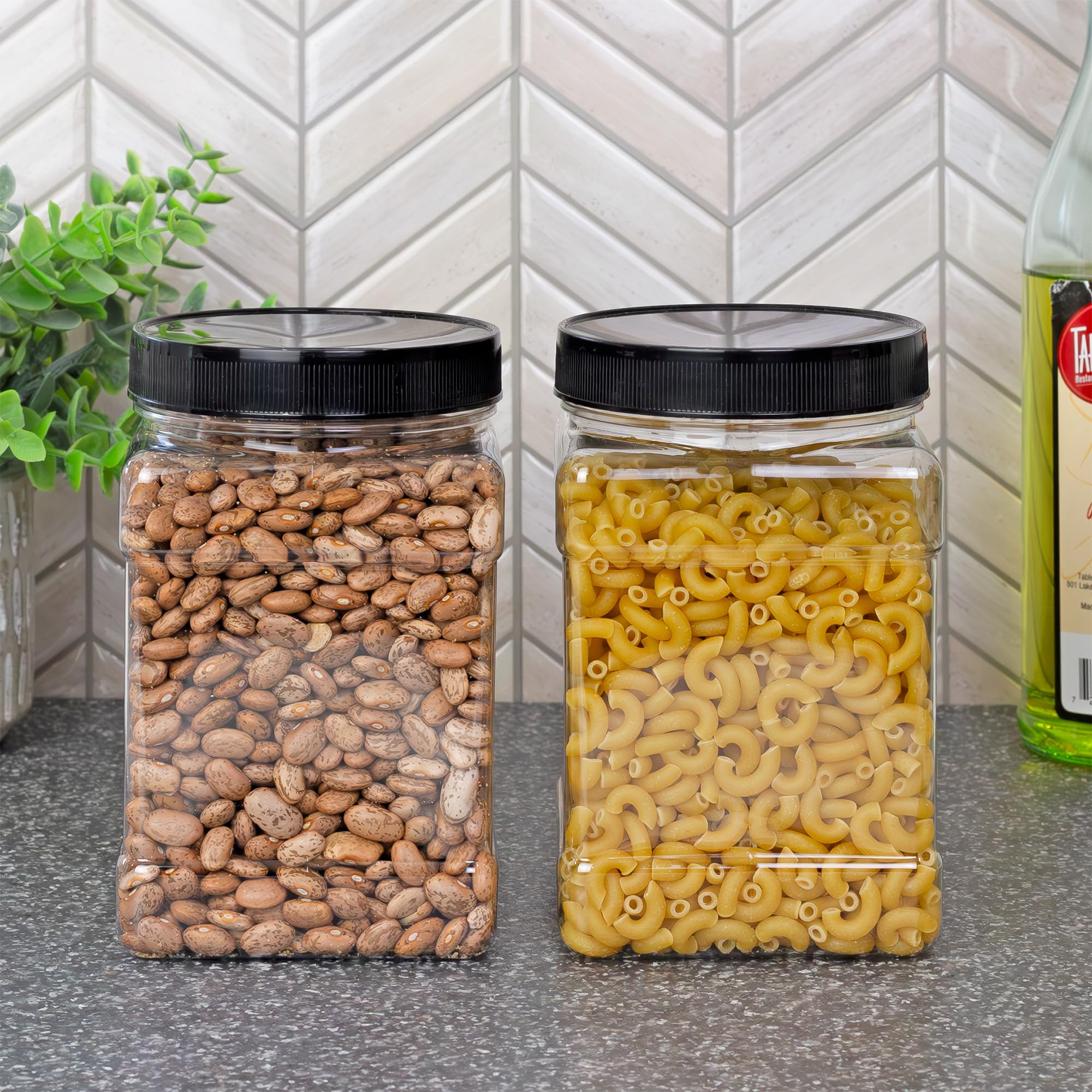32oz Square Plastic Jars (4-Pack  Quart); Clear Rectangular 4-Cup Canisters w/Black Lids  Easy-Grip Side