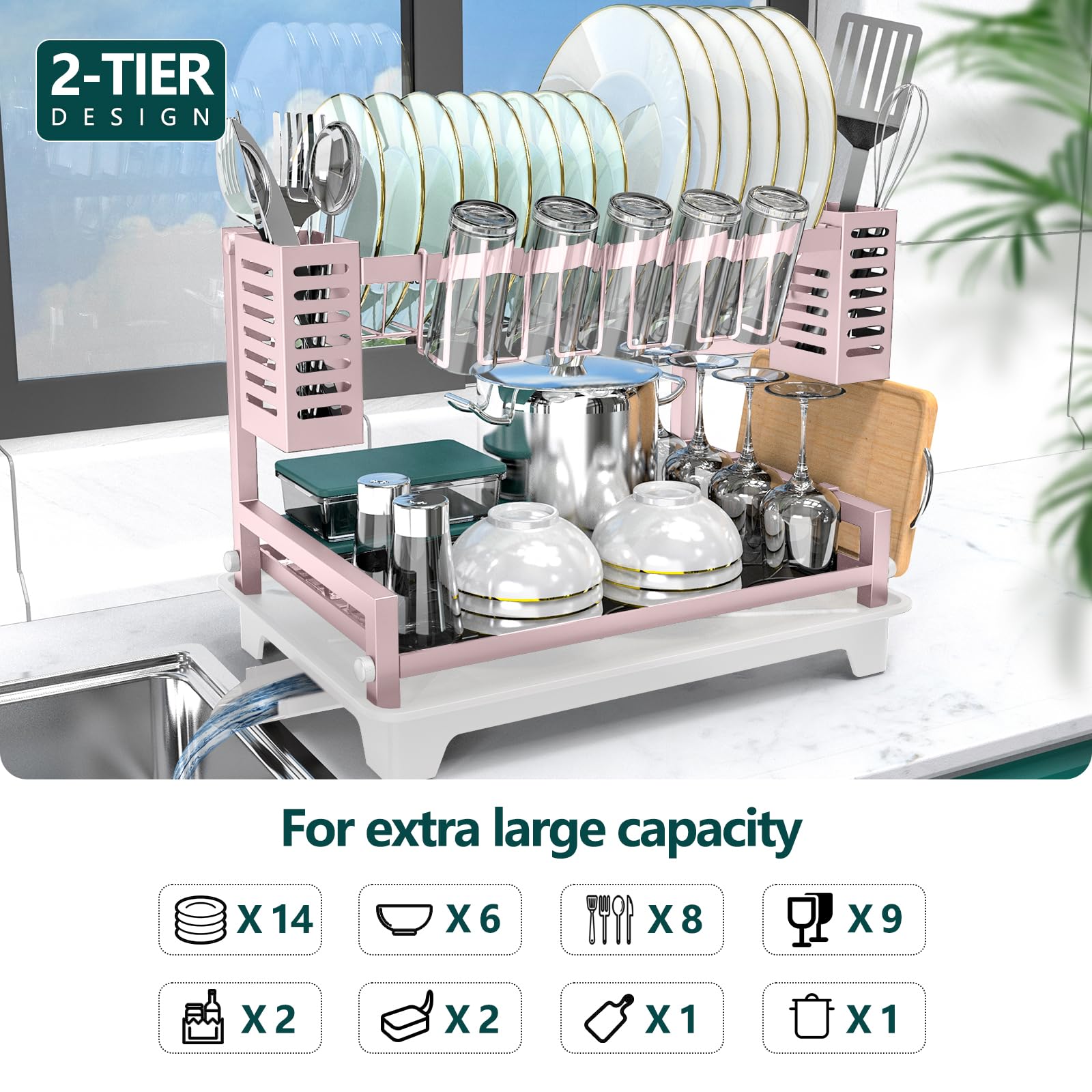B-Land Dish Drying Rack, 2 Tier Dish Racks For Kitchen Counter, Large Dish Drying Rack With Drainboard & Utensil Holders, Rust-P