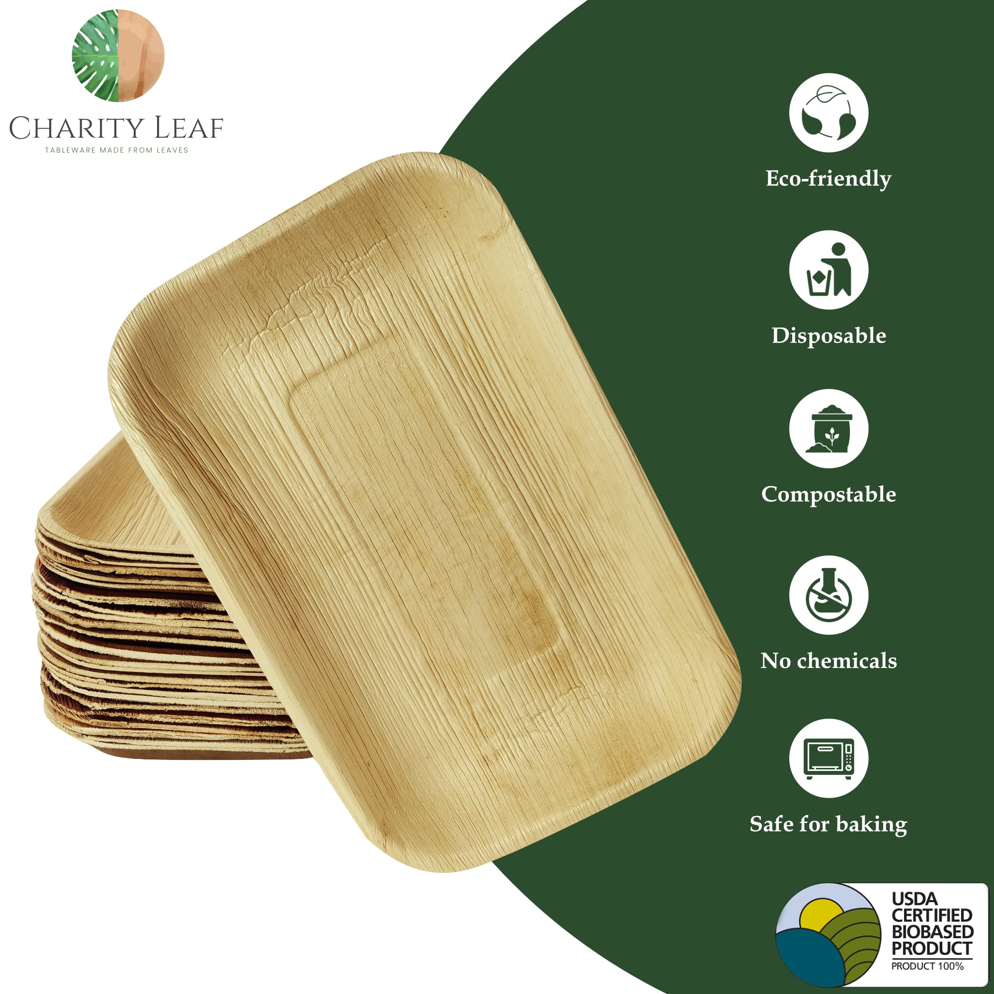 Charity Leaf Eco-Friendly Palm Leaf Trays - 11''X7'' (25-Pack) | Bamboo-Style, Disposable Serving Platters | Perfect For Wedding