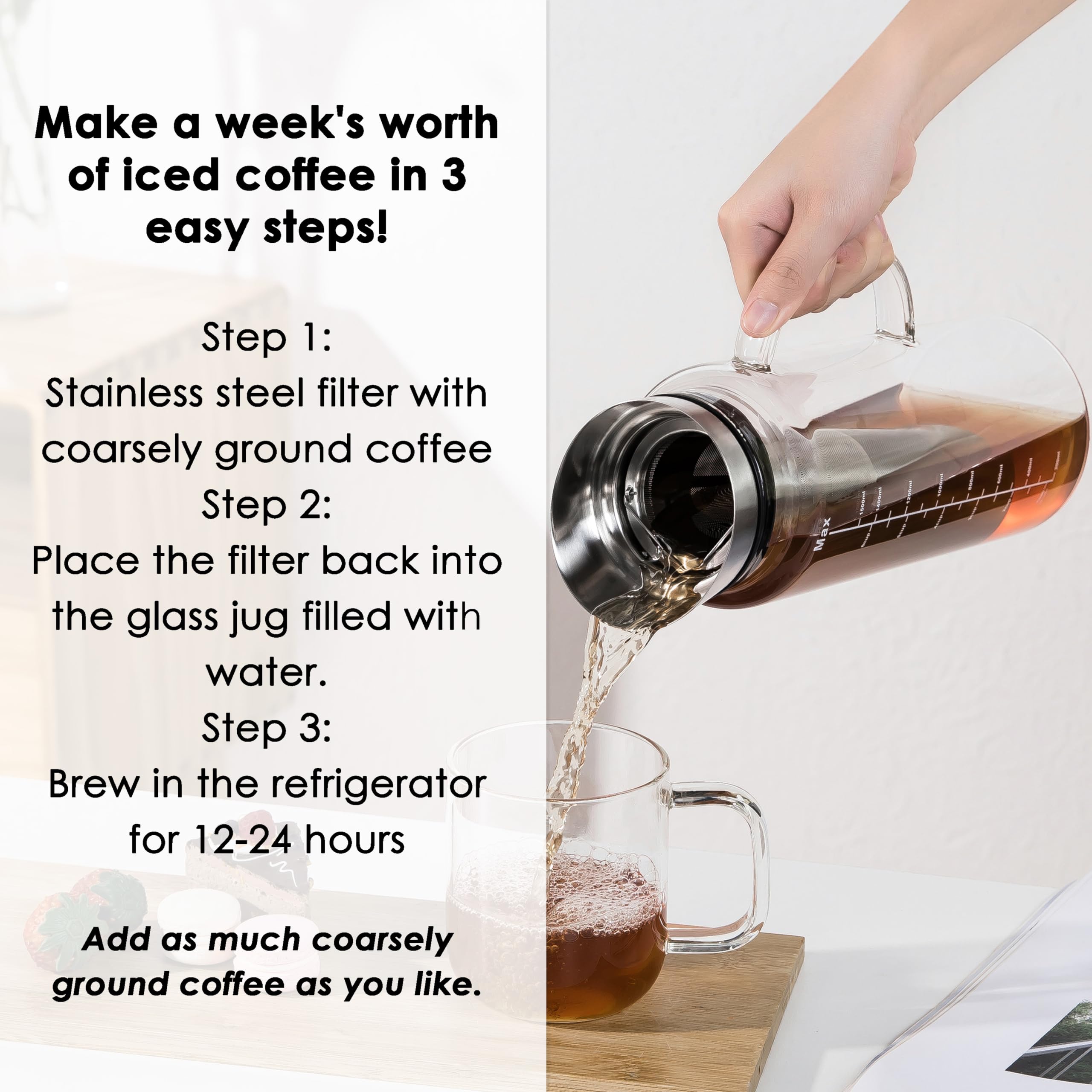 Aquach Cold Brew Coffee Iced Tea Maker & Fruit Pitcher - Large Capacity 51 Ounces - With Durable Glass Carafe/Fine Mesh Steel In