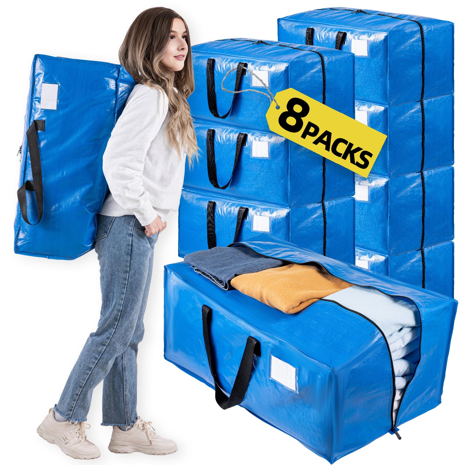 Tailink 8 Packs Extra Large Moving Bags With Backpack Straps & Carrying Handles, Heavy-Duty Blue Moving Boxes With Zippers, Extr