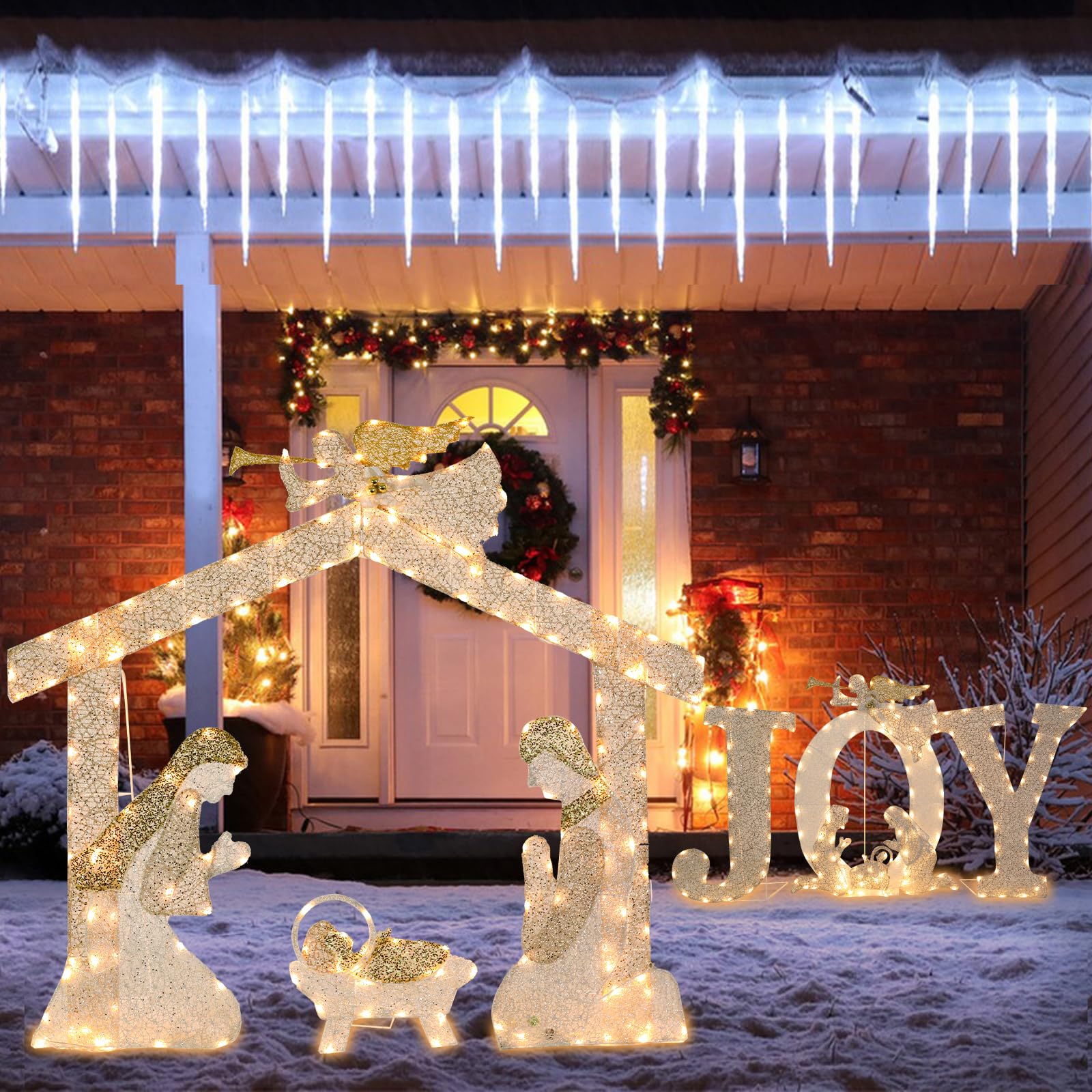 Outdoor Christmas Nativity Scene Decoration Christmas Lighted Holy Family Nativity Scene with Angel Decoration for Xmas Home Pat