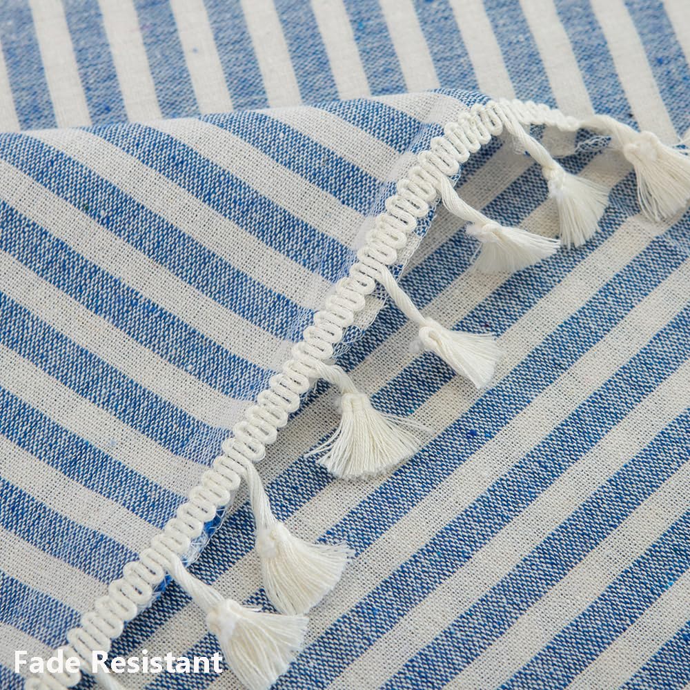 Trudelve Cotton Blend Tablecloth Blue And White Striped Tablecloth With Tassels Boho Rectangle Tablecloths (Blue,102''X55'',Rect